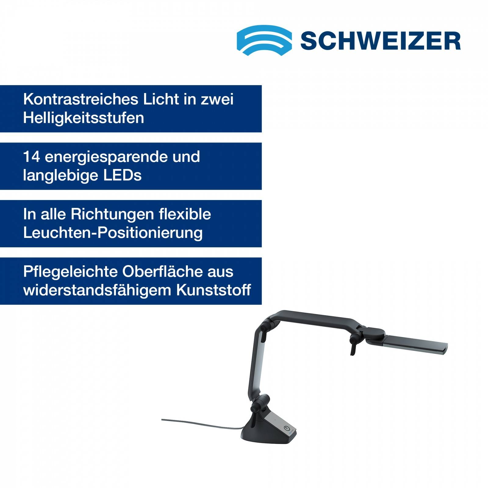 SCHWEIZER TechLight Tischleuchte Langarm mit Netzteil, Armsegment bis ca. 60 cm