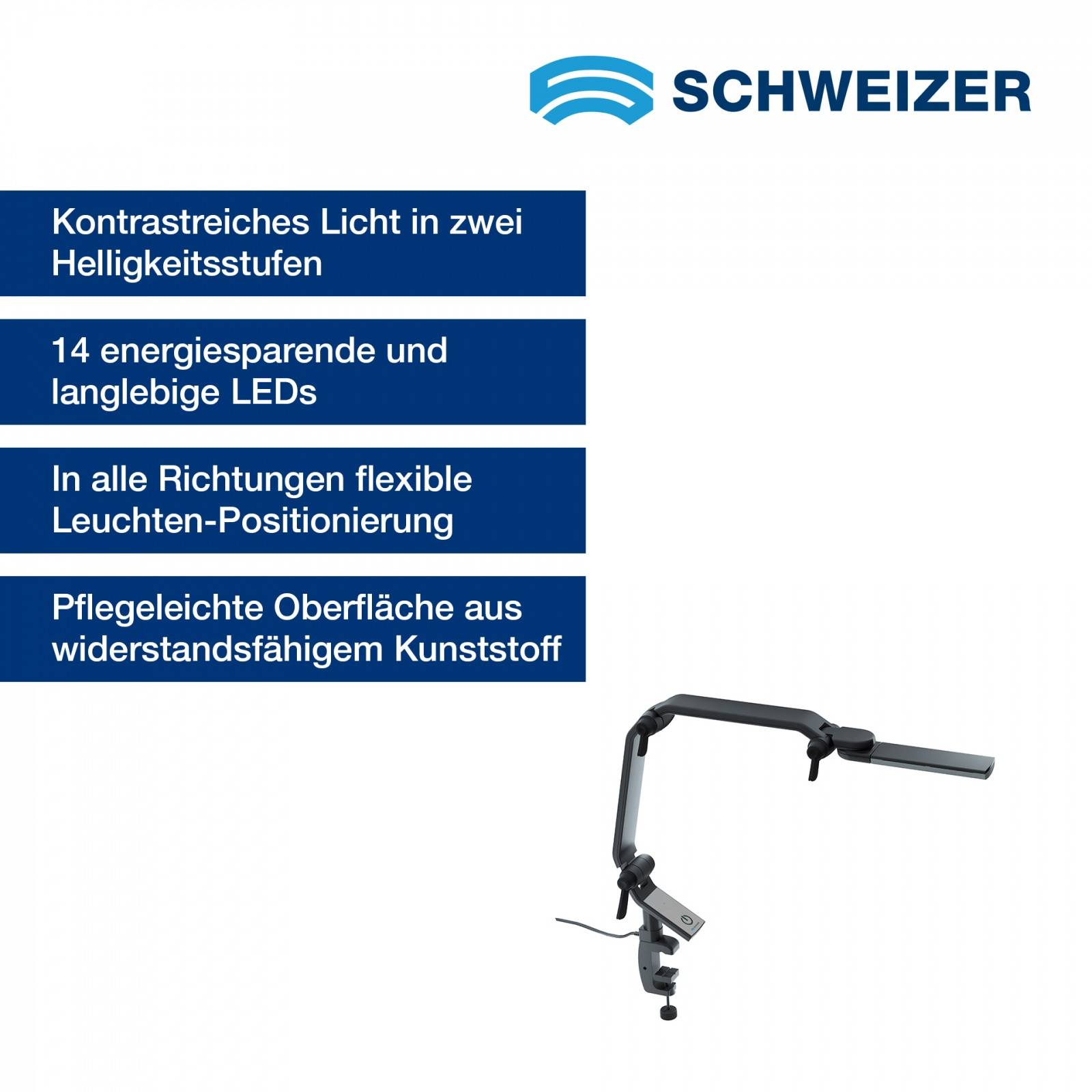 SCHWEIZER TechLight Tischleuchte Langarm mit Klemme , Netzteil, Armsegment bis ca. 60 cm