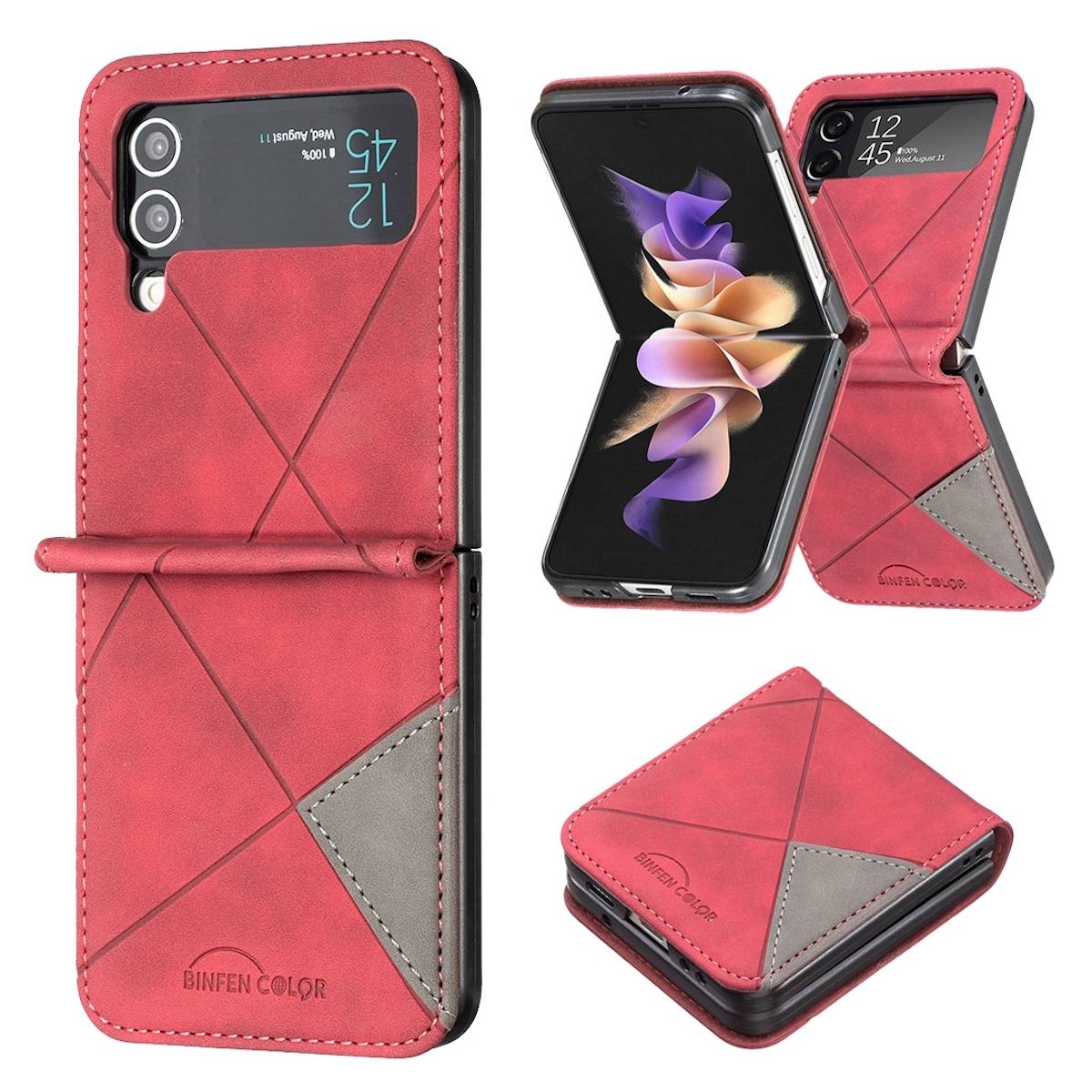 Für Samsung Galaxy Z Flip4 Handytasche aus Kunstleder mit Rautenstruktur Schutz Cover Handy Tasche Rot Hülle Etuis Muster