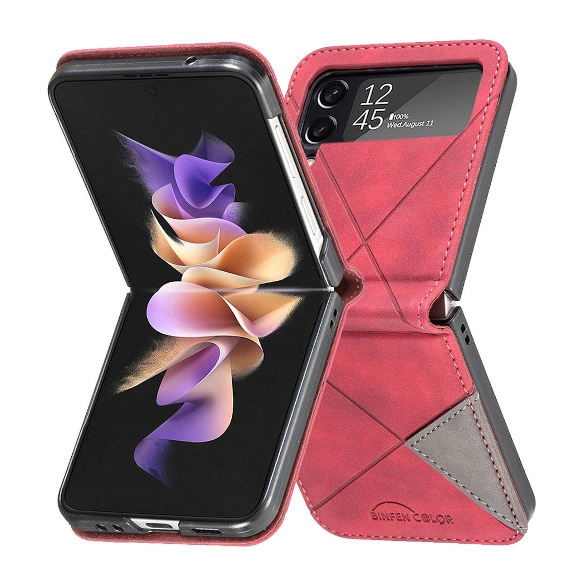 Für Samsung Galaxy Z Flip4 Handytasche aus Kunstleder mit Rautenstruktur Schutz Cover Handy Tasche Rot Hülle Etuis Muster