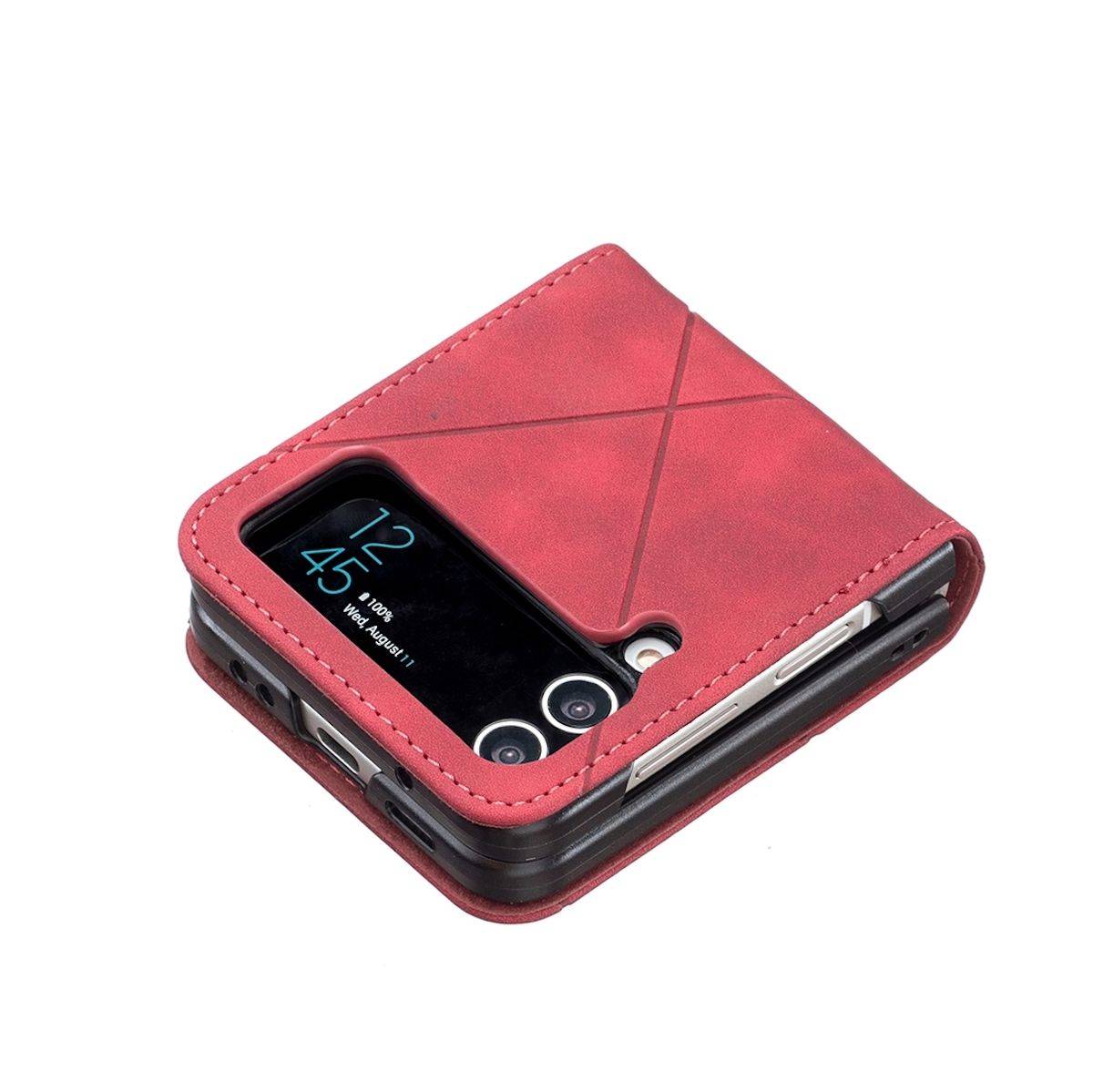 Für Samsung Galaxy Z Flip4 Handytasche aus Kunstleder mit Rautenstruktur Schutz Cover Handy Tasche Rot Hülle Etuis Muster