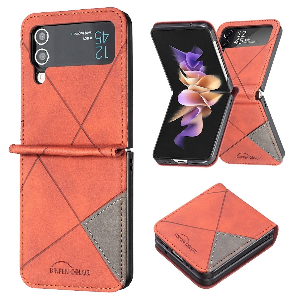 Für Samsung Galaxy Z Flip4 Handytasche aus Kunstleder mit Rautenstruktur Schutz Cover Handy Tasche Braun Hülle Etuis Muster