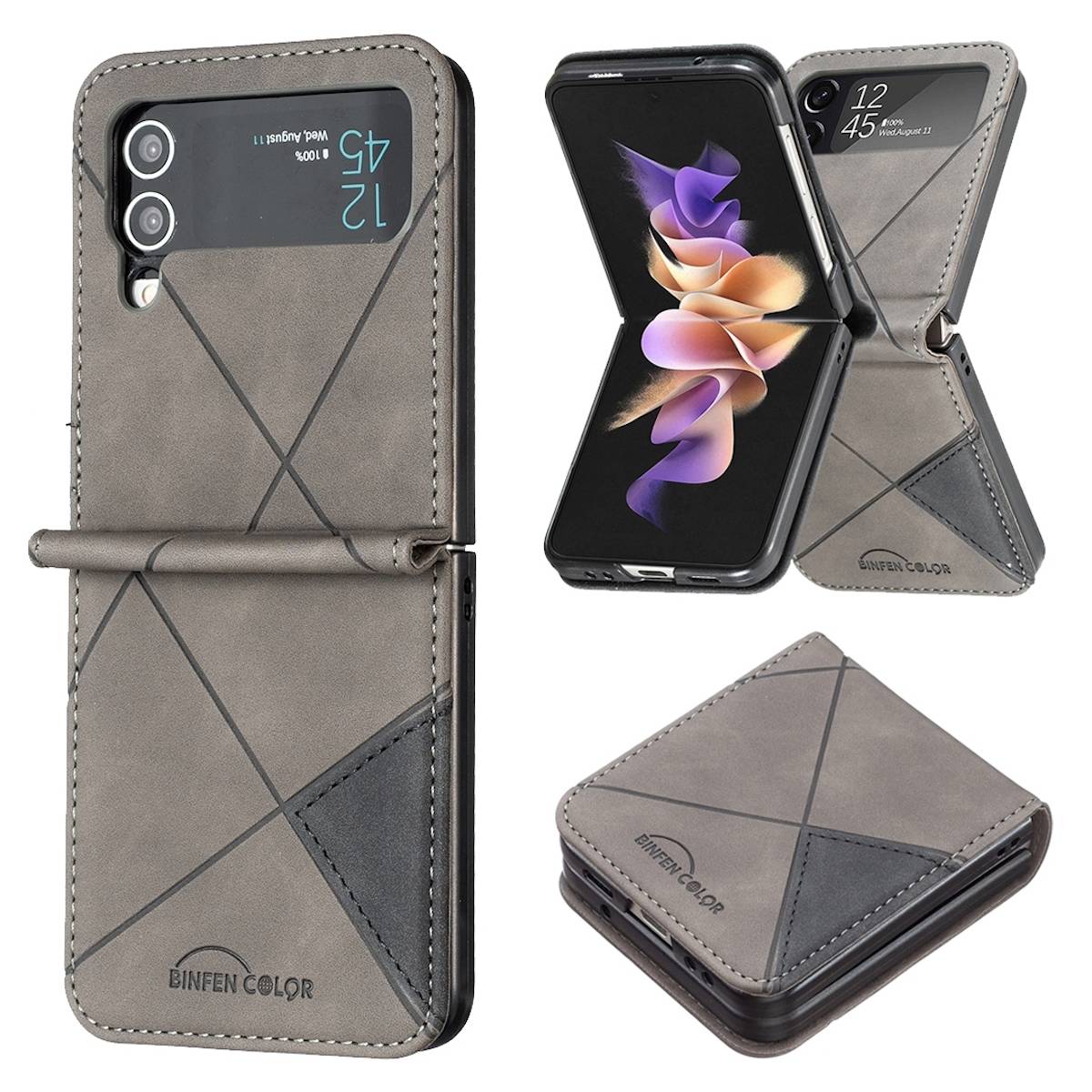 Für Samsung Galaxy Z Flip4 Handytasche aus Kunstleder mit Rautenstruktur Schutz Cover Handy Tasche Grau Hülle Etuis Muster