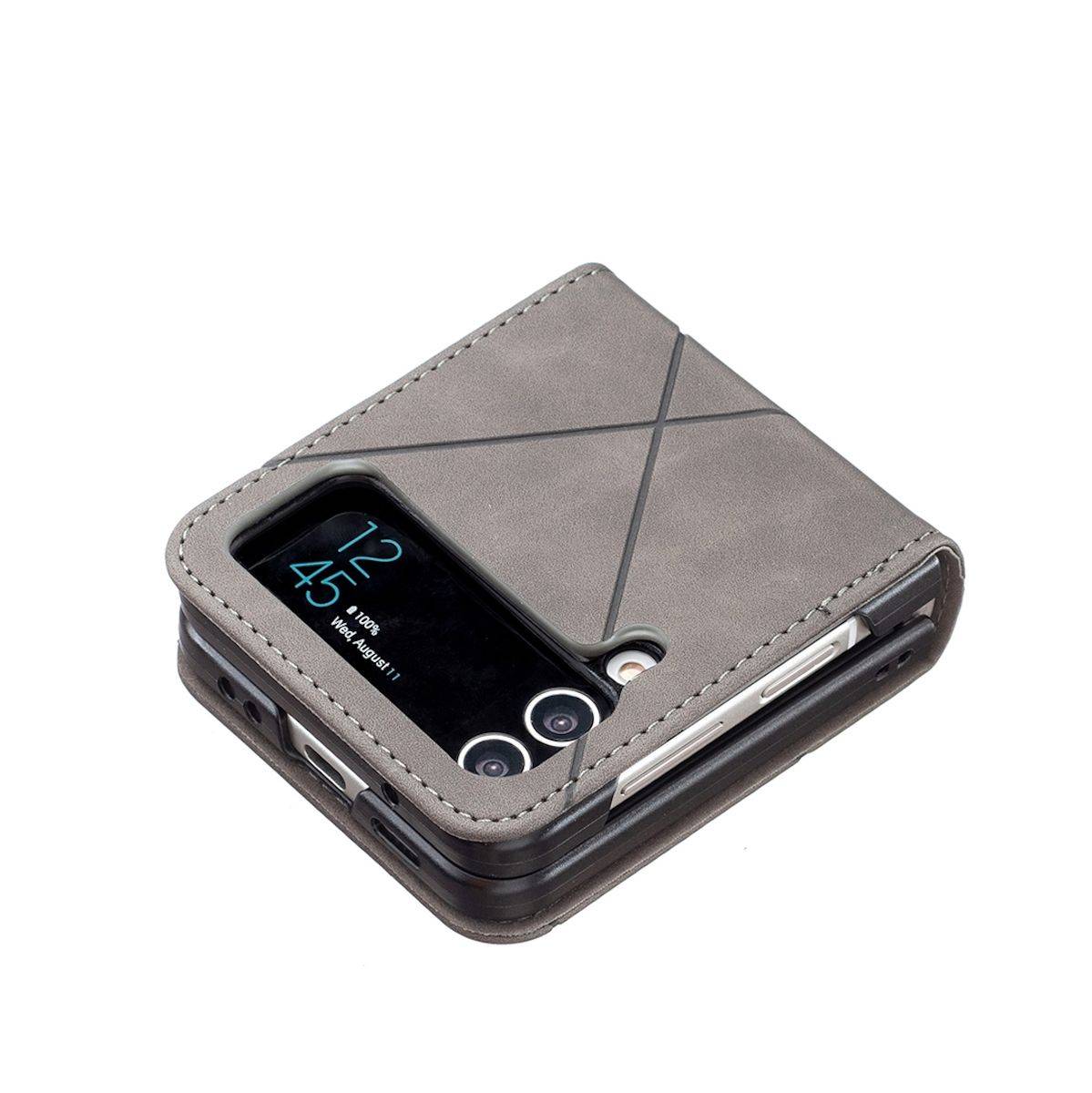 Für Samsung Galaxy Z Flip4 Handytasche aus Kunstleder mit Rautenstruktur Schutz Cover Handy Tasche Grau Hülle Etuis Muster