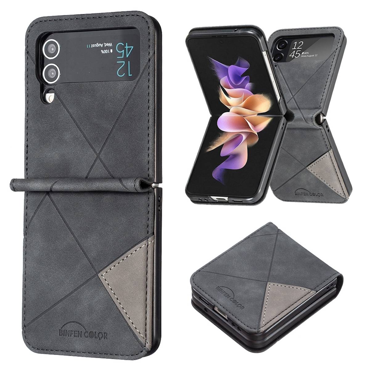 Für Samsung Galaxy Z Flip4 Handytasche aus Kunstleder mit Rautenstruktur Schutz Cover Handy Tasche Schwarz Hülle Etuis Muster