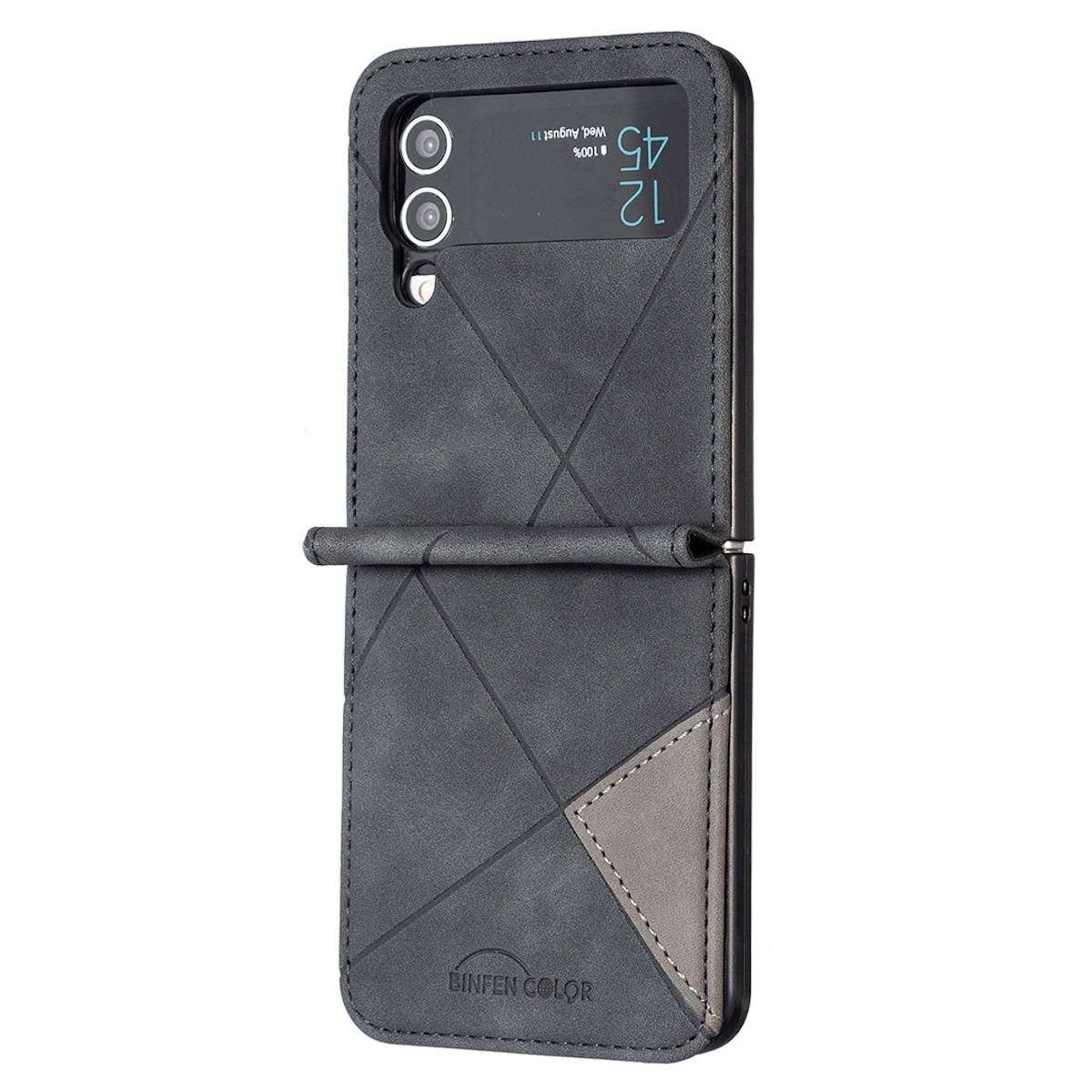 Für Samsung Galaxy Z Flip4 Handytasche aus Kunstleder mit Rautenstruktur Schutz Cover Handy Tasche Schwarz Hülle Etuis Muster