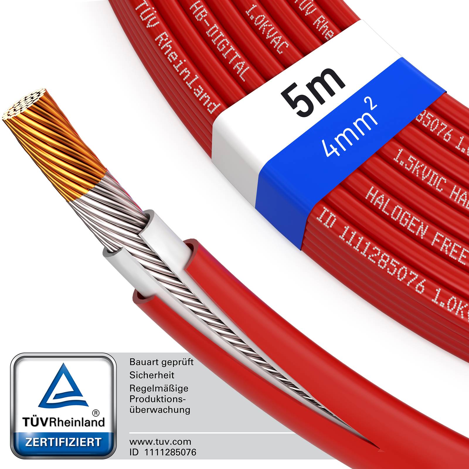 hb-digital Solar Kabel 5m H1Z2Z2-K 4 mm² TÜV Rheinland zertifiziertes Photovoltaik Kabel