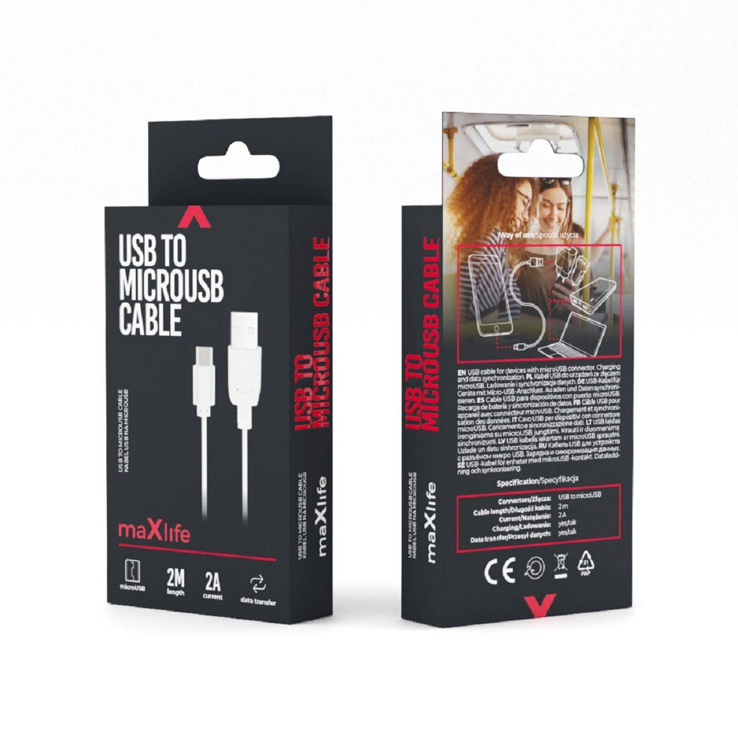 Maxlife 2m Ladekabel USB - microUSB 2A Schnellladekabel Datenkabel Handy-Ladekabel Weiß
