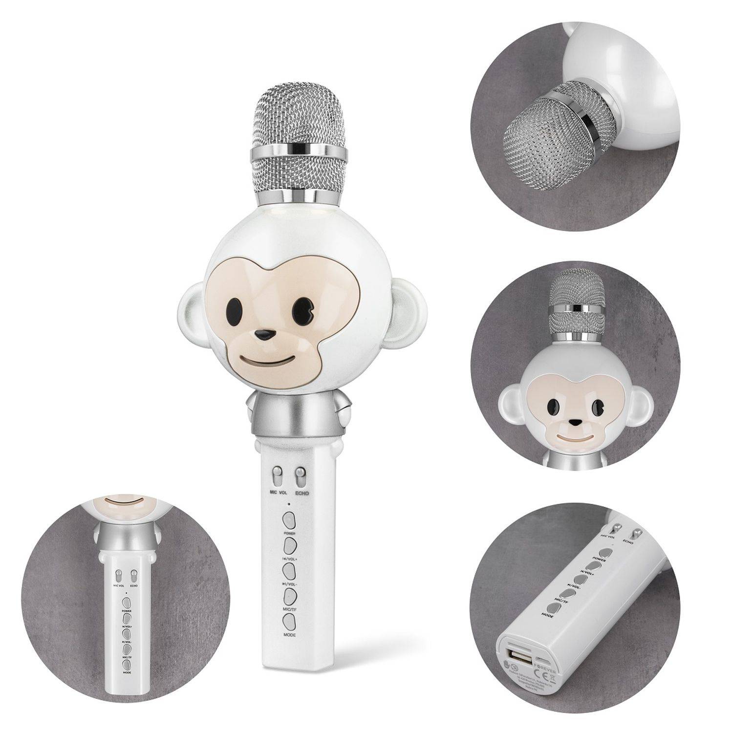 Maxlife Animal MX-100 Bluetooth-Mikrofon, eingebauter Stimmmodulator, Affen Design mit 5W Lautsprecher Weiß