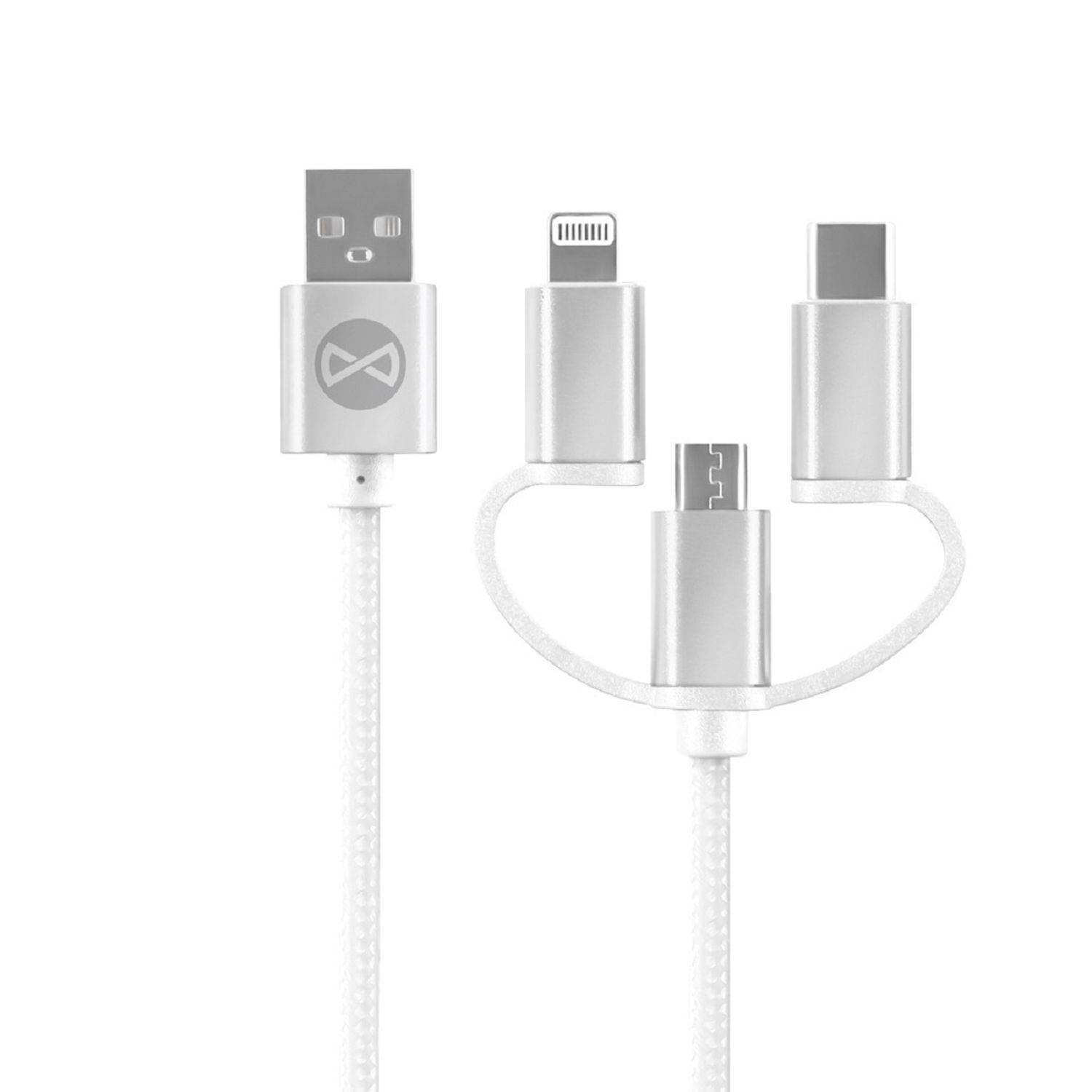 Forever 3in1 USB - iPhone + USB-C + microUSB Ladekabel Datenkabel 1.2m 20W 3A Weiß