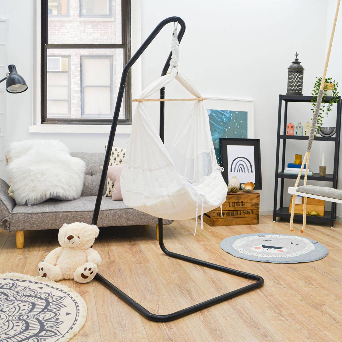 Baby Federwiege mit Gestell - 160cm Hängeschaukel Ständer - Hängematte mit Feder