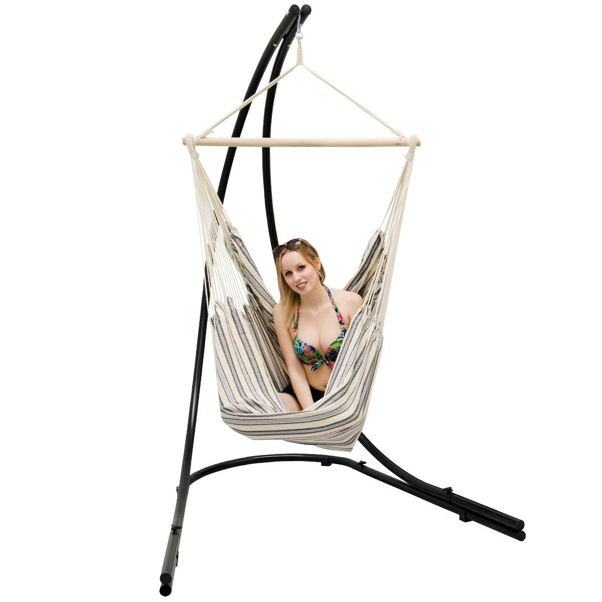 XXL Hängesessel mit Gestell Hängestuhl für 2 Hängeliege Hängesitz Streifen Beige