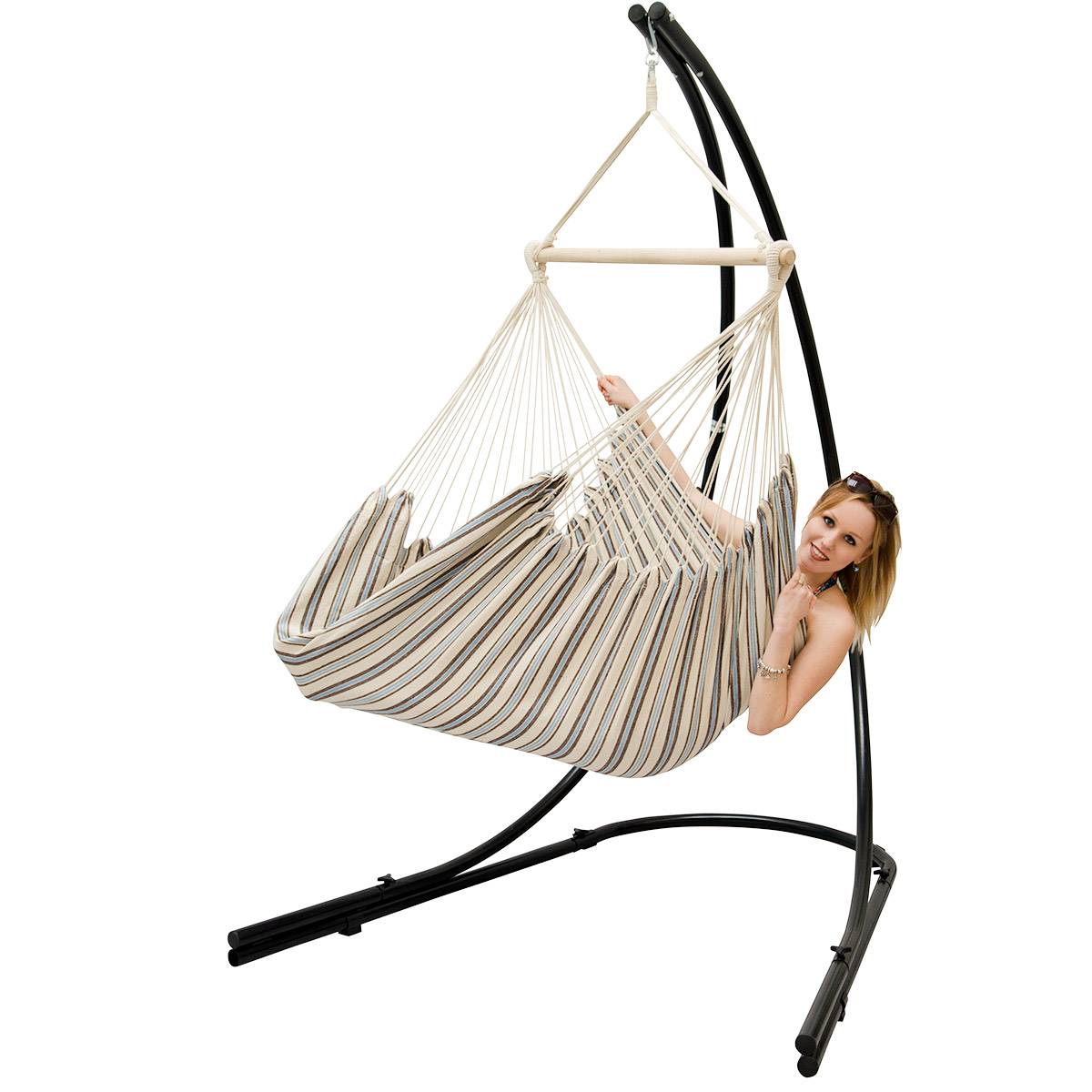 XXL Hängesessel mit Gestell Hängestuhl für 2 Hängeliege Hängesitz Streifen Beige