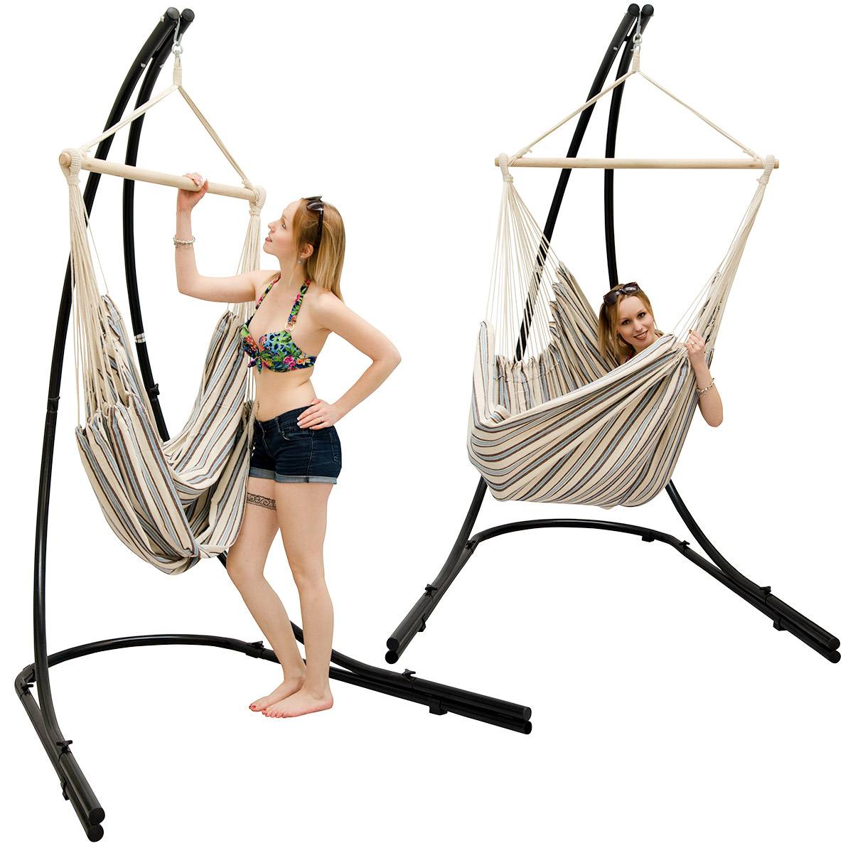 XXL Hängesessel mit Gestell Hängestuhl für 2 Hängeliege Hängesitz Streifen Beige