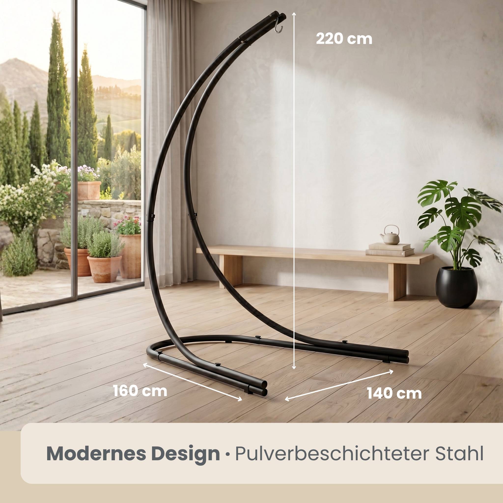 Moderner schwarzer gebogener Hängesessel-Ständer in einem Raum, gekennzeichnet mit 220 cm Höhe, 160 cm Breite und 140 cm Tiefe; 'Modernes Design' und 'Pulverbeschichteter Stahl'.