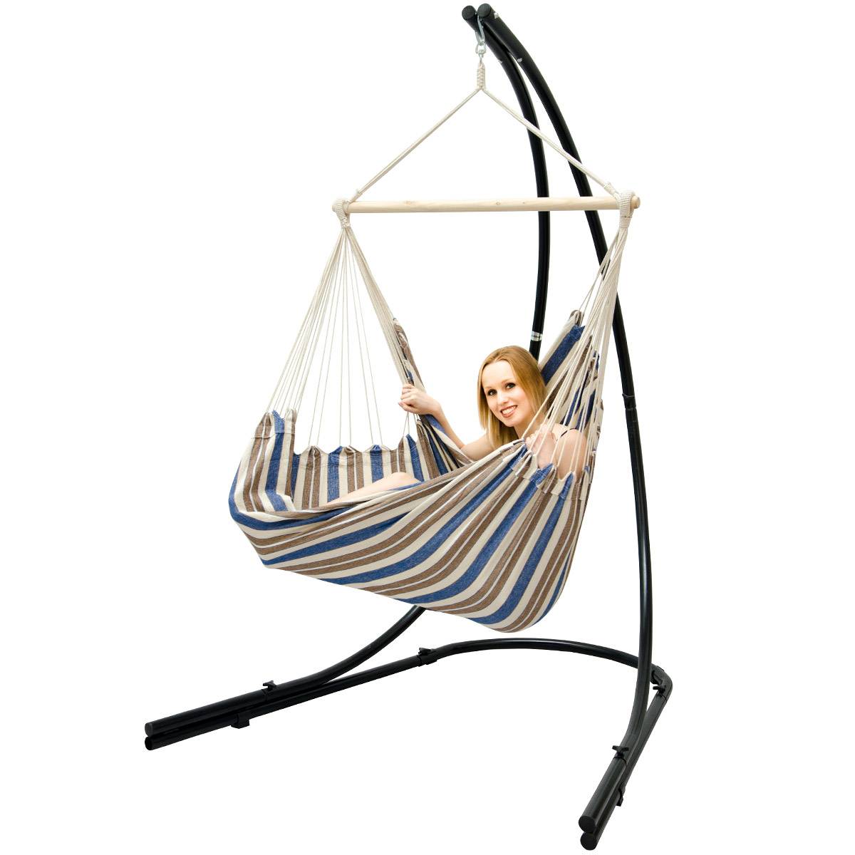 XXL Hängesessel mit Gestell Hängestuhl für 2 Hängeliege Hängesitz Streifen Blau
