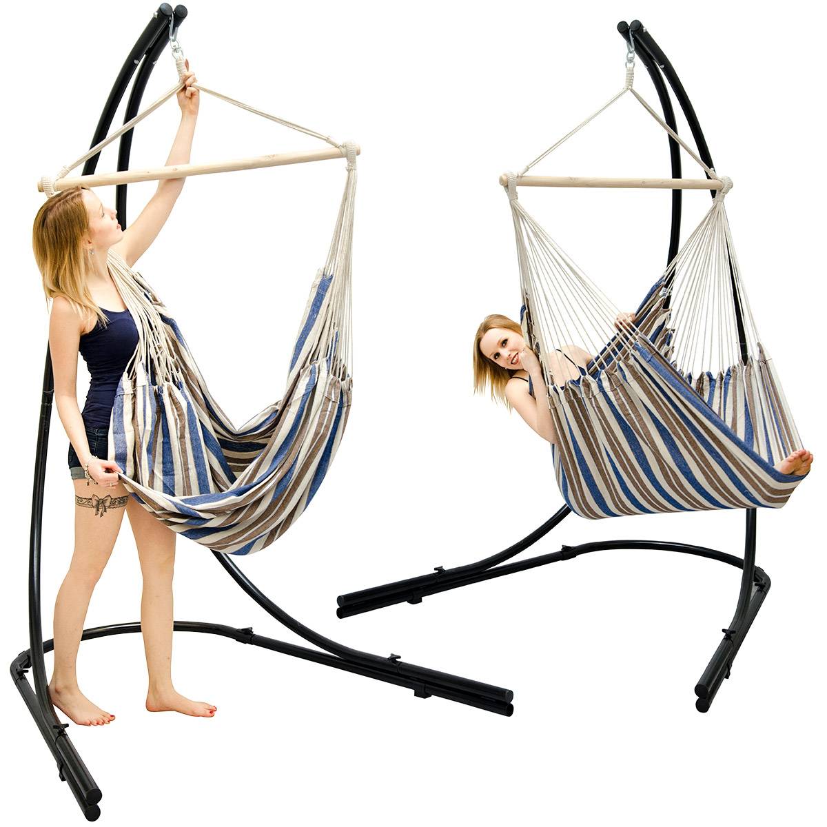 XXL Hängesessel mit Gestell Hängestuhl für 2 Hängeliege Hängesitz Streifen Blau