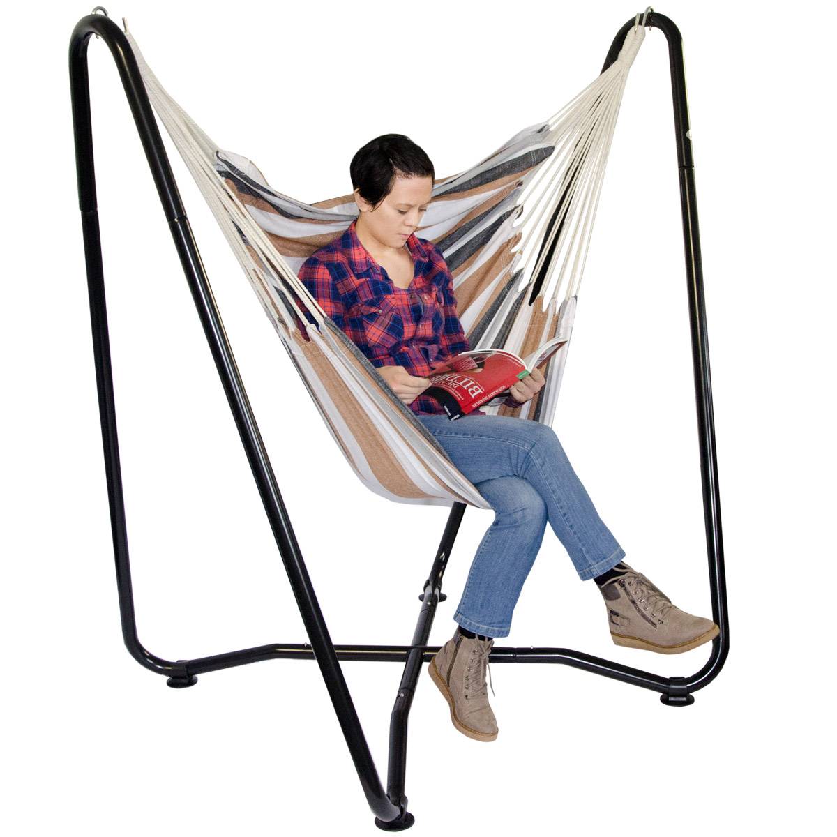 Hängestuhlgestell 155cm inkl. Hängestuhl 110x145cm aus 100% Baumwolle | Hängesessel-Stand Ständer Schwarz | Belastbarkeit max. 150KG | Freistehend