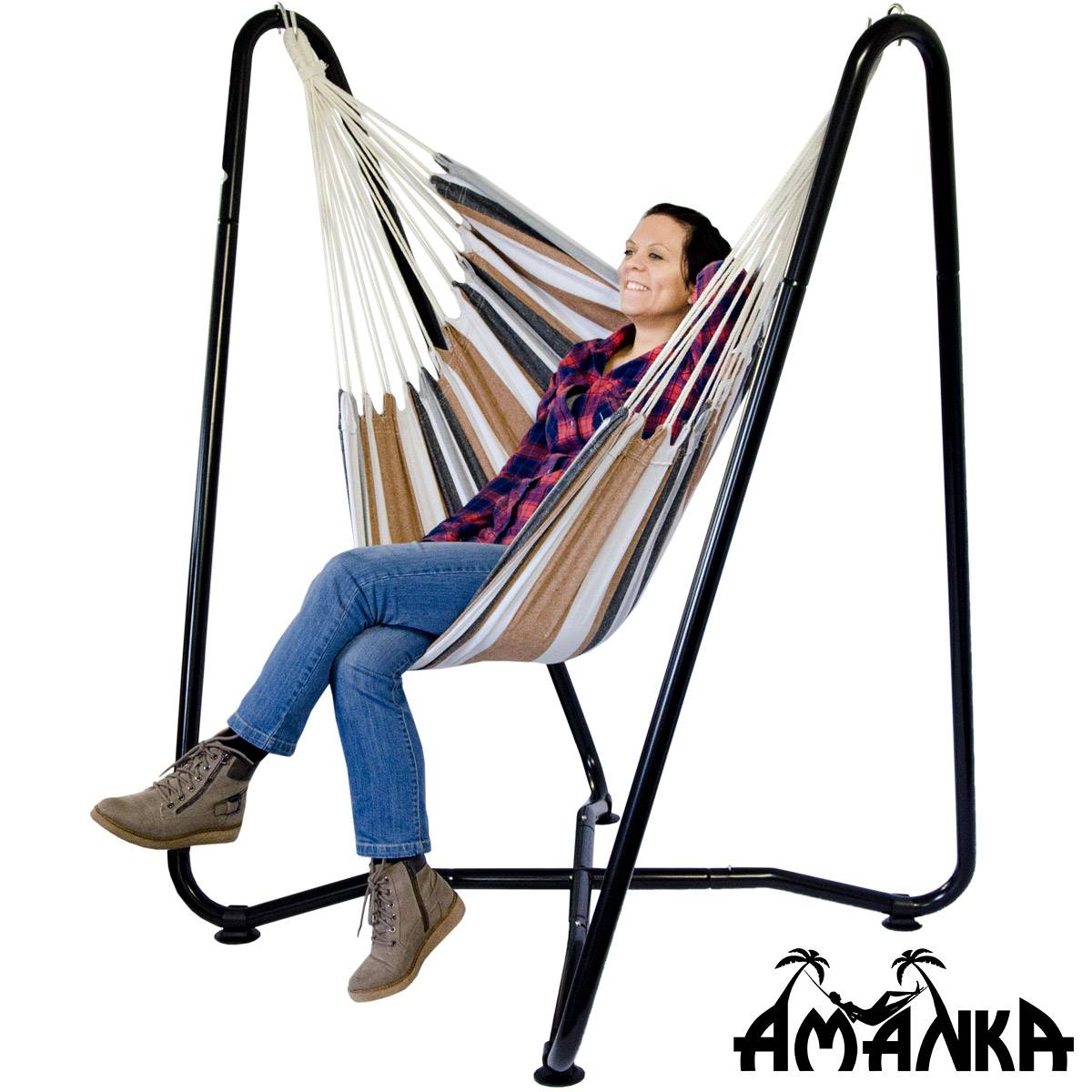 Hängestuhlgestell 155cm inkl. Hängestuhl 110x145cm aus 100% Baumwolle | Hängesessel-Stand Ständer Schwarz | Belastbarkeit max. 150KG | Freistehend