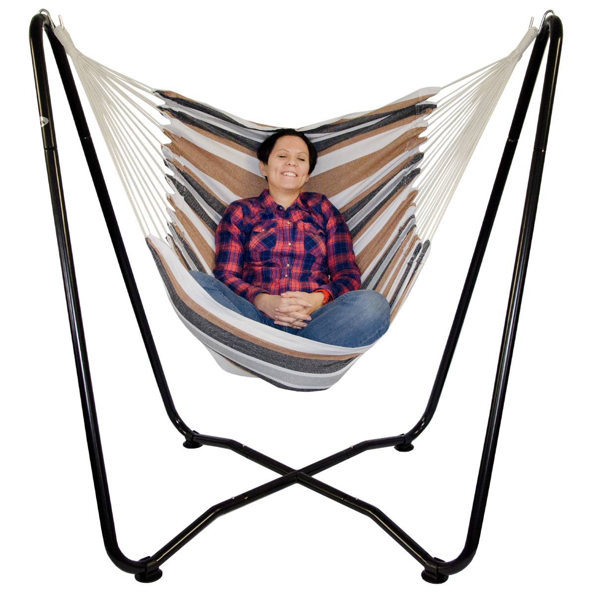 Hängestuhlgestell 155cm inkl. Hängestuhl 110x145cm aus 100% Baumwolle | Hängesessel-Stand Ständer Schwarz | Belastbarkeit max. 150KG | Freistehend