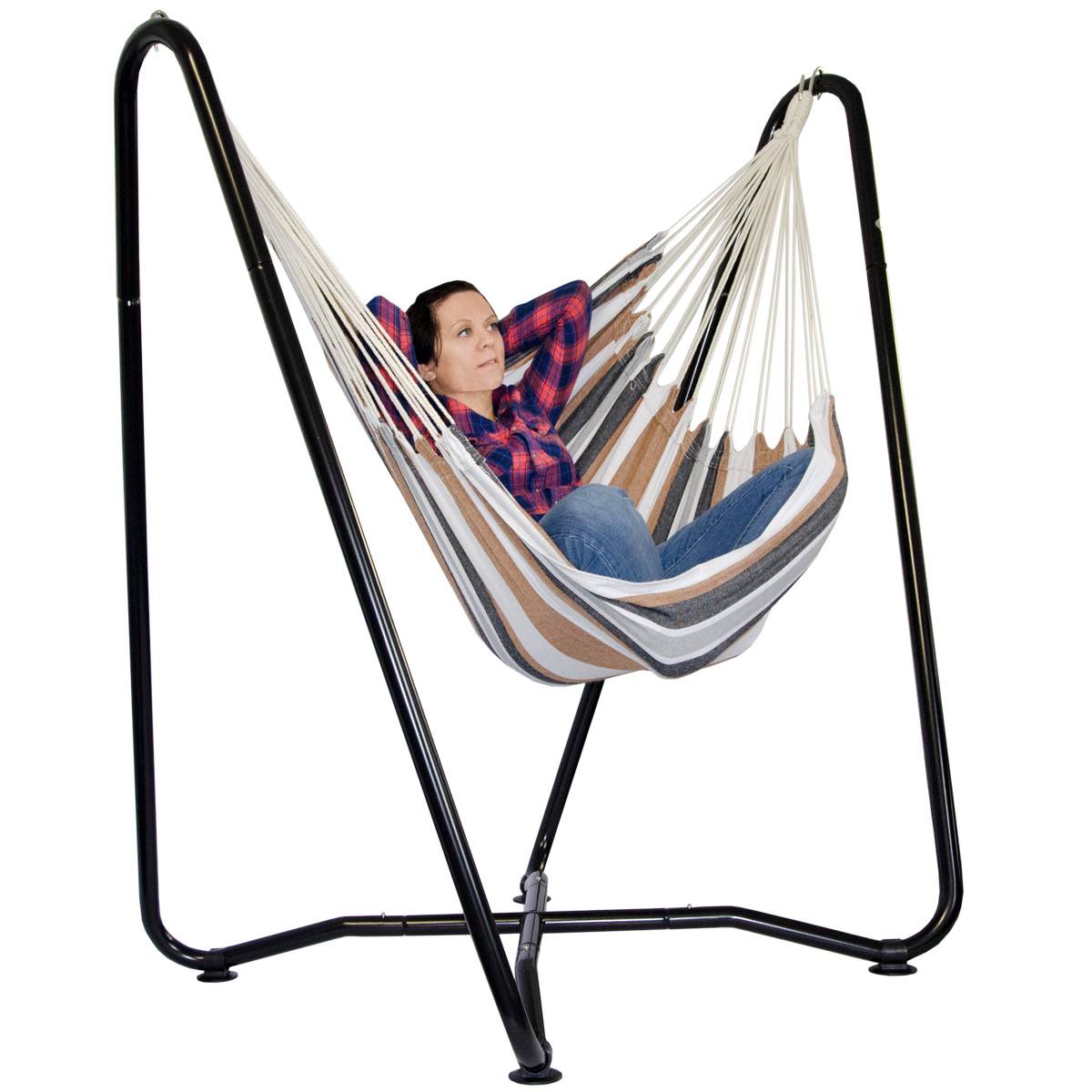 Hängestuhlgestell 155cm inkl. Hängestuhl 110x145cm aus 100% Baumwolle | Hängesessel-Stand Ständer Schwarz | Belastbarkeit max. 150KG | Freistehend