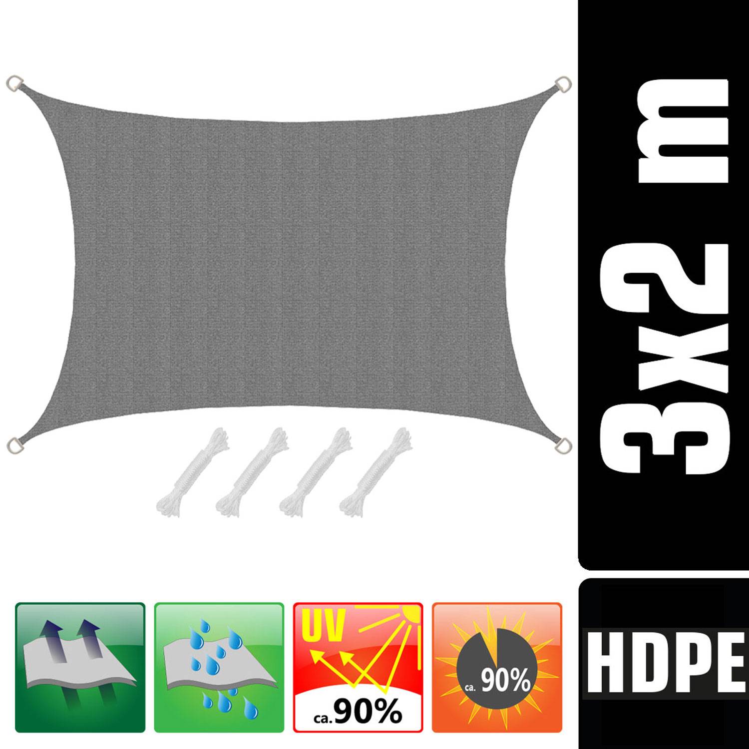 UV Sonnensegel 3x2 HDPE Rechteckig Sonnenschutz Überdachung Garten Balkon Grau