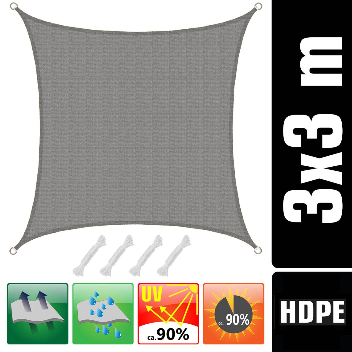 UV Sonnensegel 3x3 HDPE Quadratisch Sonnenschutz Überdachung Garten Balkon Grau