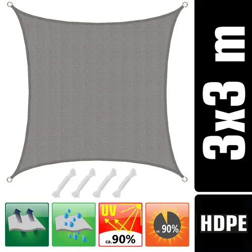 UV Sonnensegel 3x3 HDPE Quadratisch Sonnenschutz Überdachung Garten Balkon Grau UV Sonnensegel 3x3 HDPE Quadratisch Sonnenschutz Überdachung Garten Balkon Grau