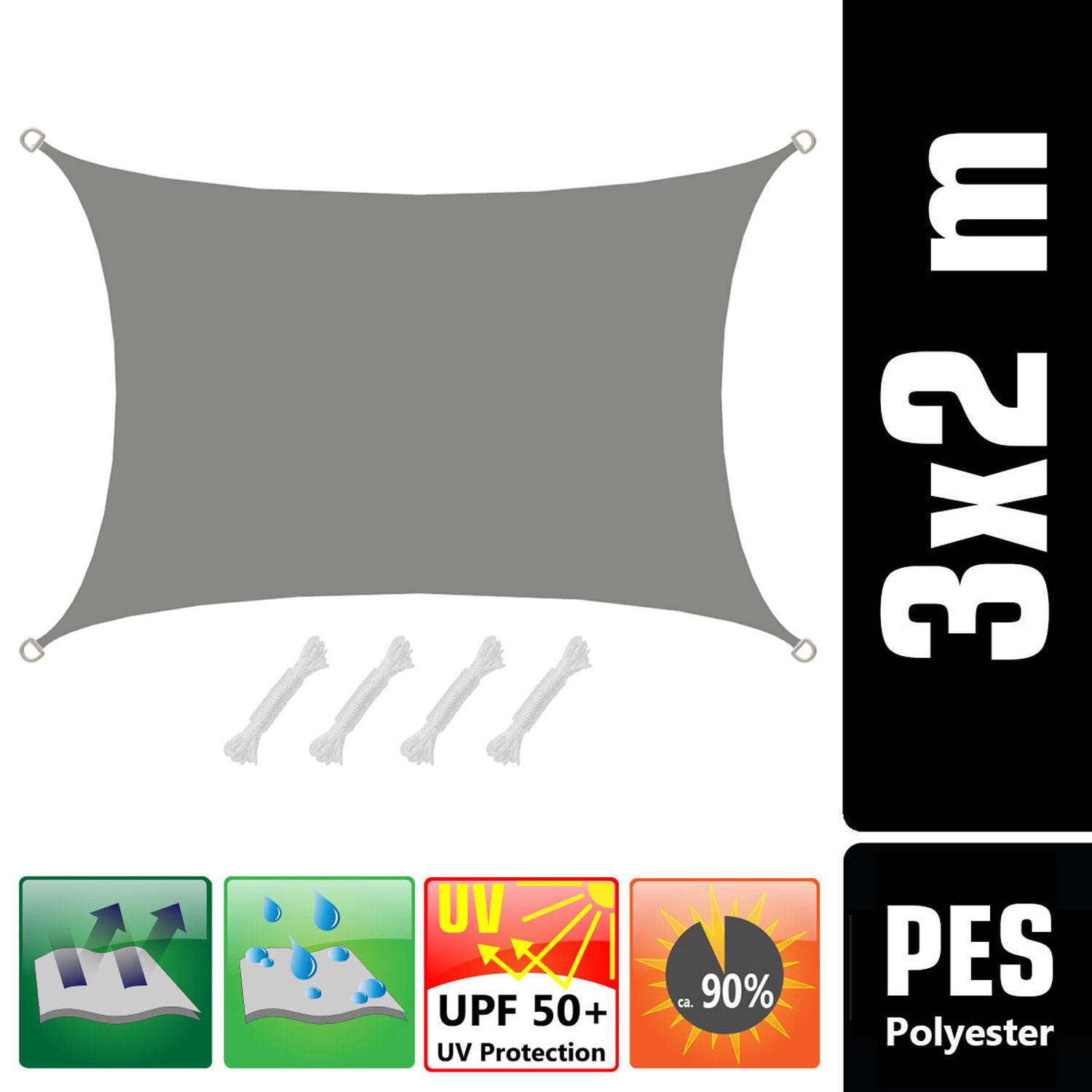 UPF50+ UV Sonnensegel 2x3 Polyester Rechteck Wasserabweisend Garten Balkon Grau