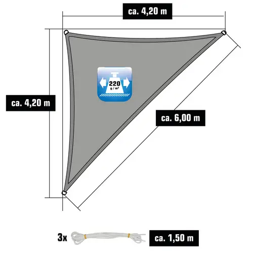 UV Sonnensegel 4,2x4,2x6 HDPE Dreieck Rechtwinklig Sonnenschutz Garten Grau UV Sonnensegel 4,2x4,2x6 HDPE Dreieck Rechtwinklig Sonnenschutz Garten Grau