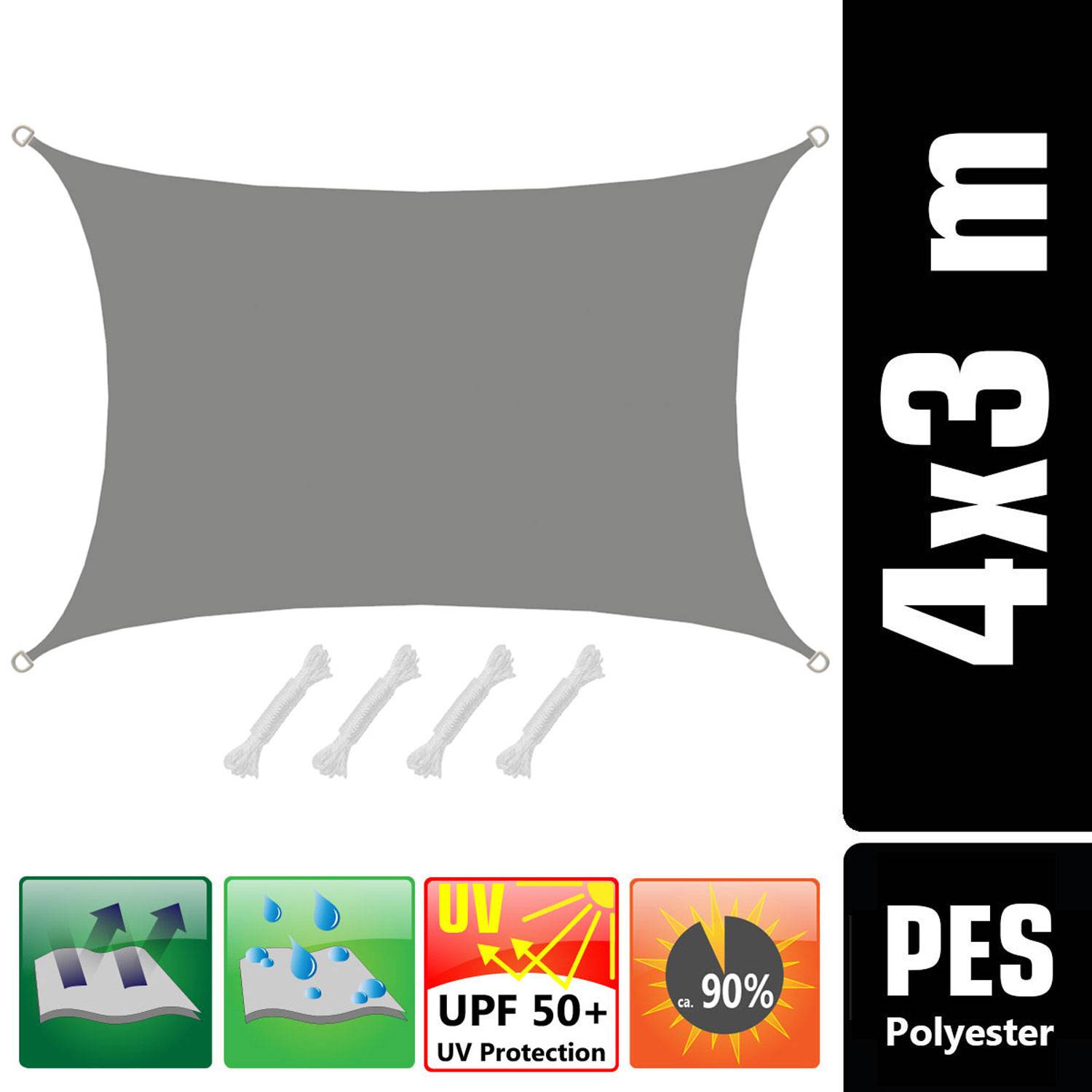 UPF50+ UV Sonnensegel 3x4 Polyester Rechteck Wasserabweisend Garten Balkon Grau
