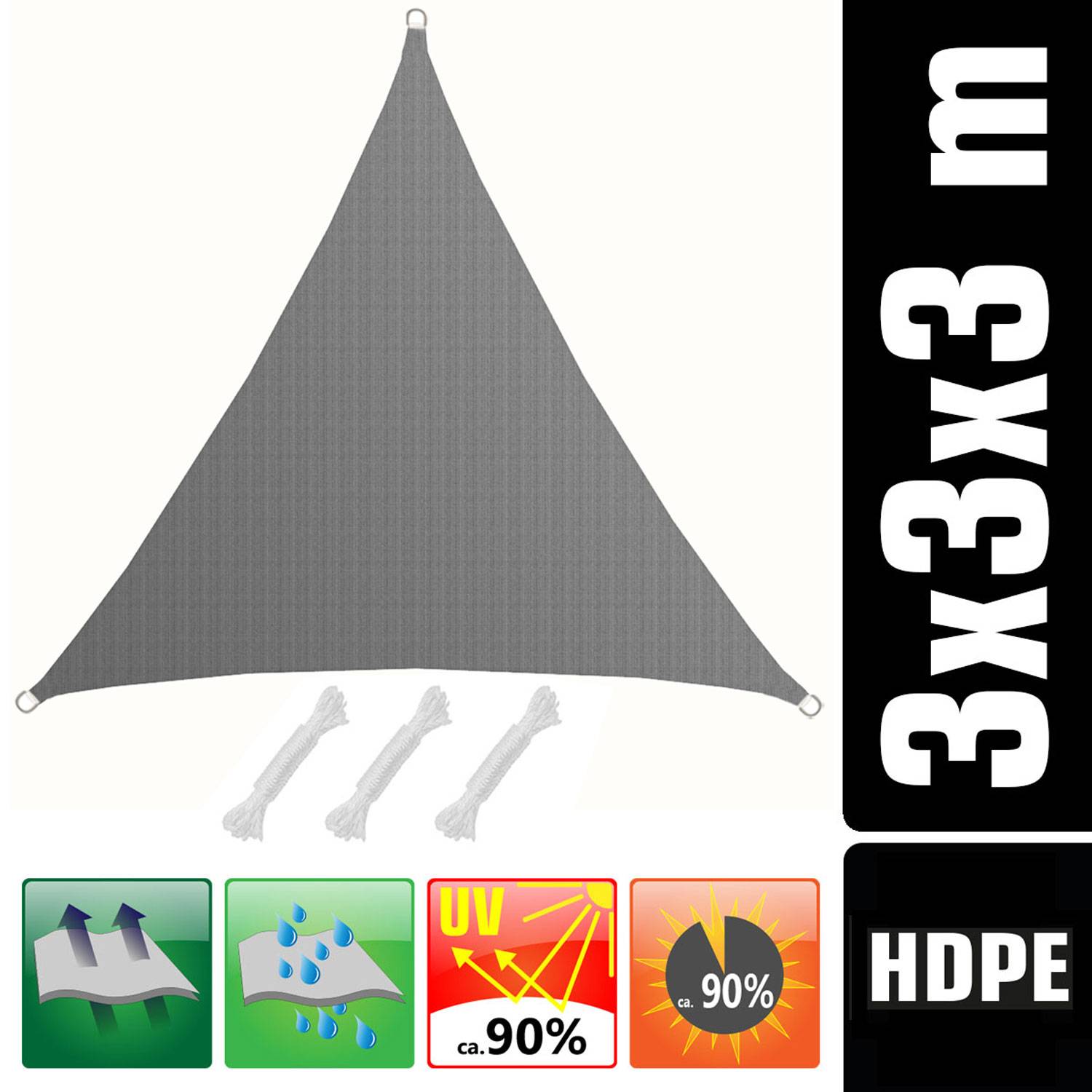 UV Sonnensegel 3x3x3 m HDPE Dreieck Sonnenschutz Überdachung Balkon Garten Grau
