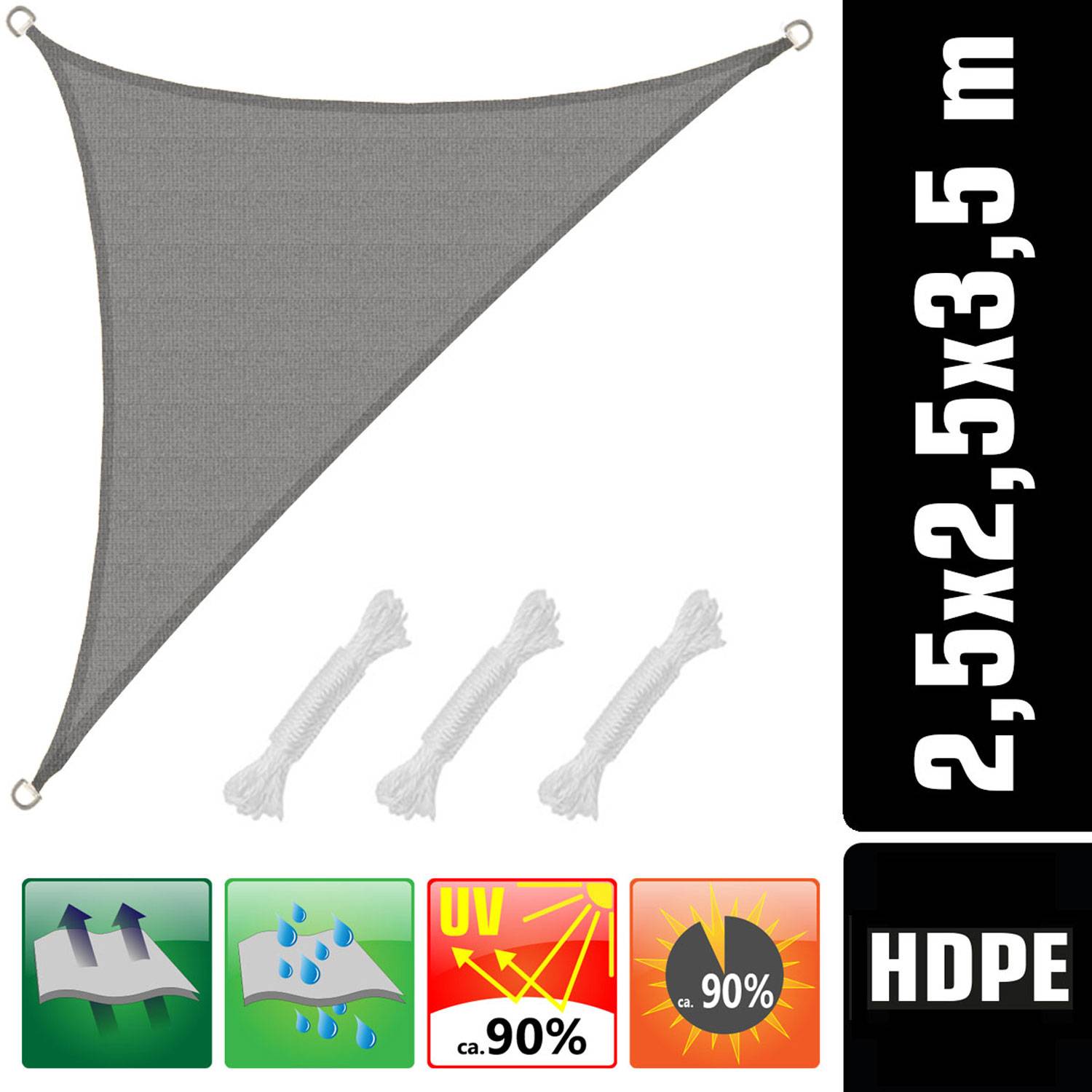UV Sonnensegel 2,5x2,5x3,5 HDPE Dreieck Rechtwinklig Sonnenschutz Garten Grau