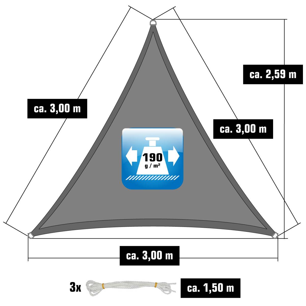 UPF50+ UV Sonnensegel 3x3x3 Polyester Dreieck Wasserabweisend Garten Segel Grau