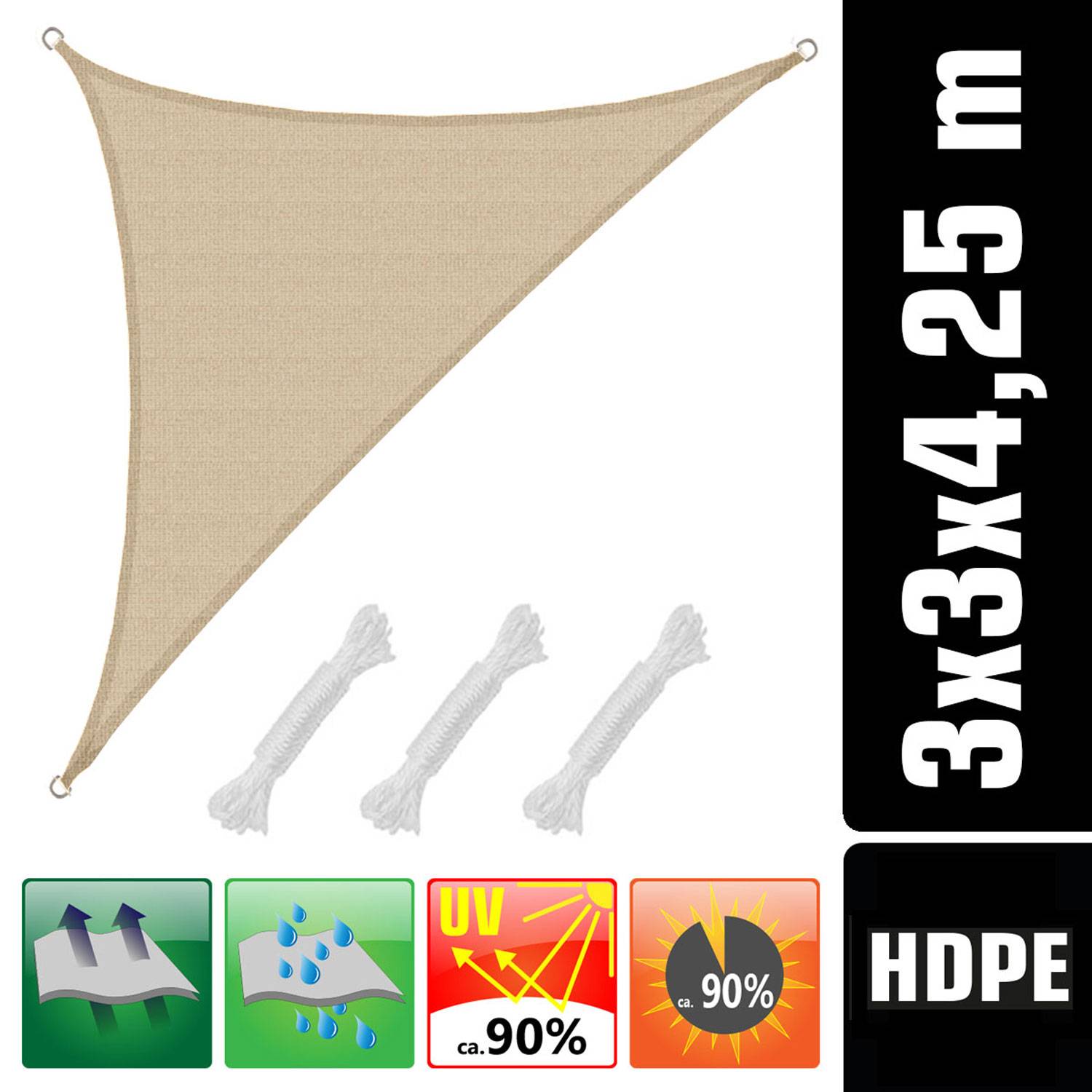 UV Sonnensegel 3x3x4,2 HDPE Dreieck Rechtwinklig Sonnenschutz Garten Beige