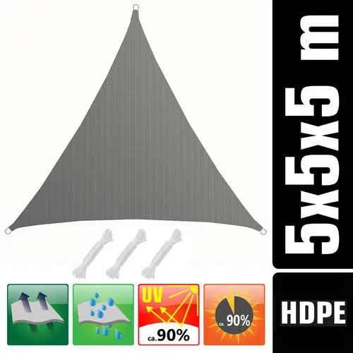 UV Sonnensegel 5x5x5 m HDPE Dreieck Sonnenschutz Überdachung Balkon Garten Grau UV Sonnensegel 5x5x5 m HDPE Dreieck Sonnenschutz Überdachung Balkon Garten Grau