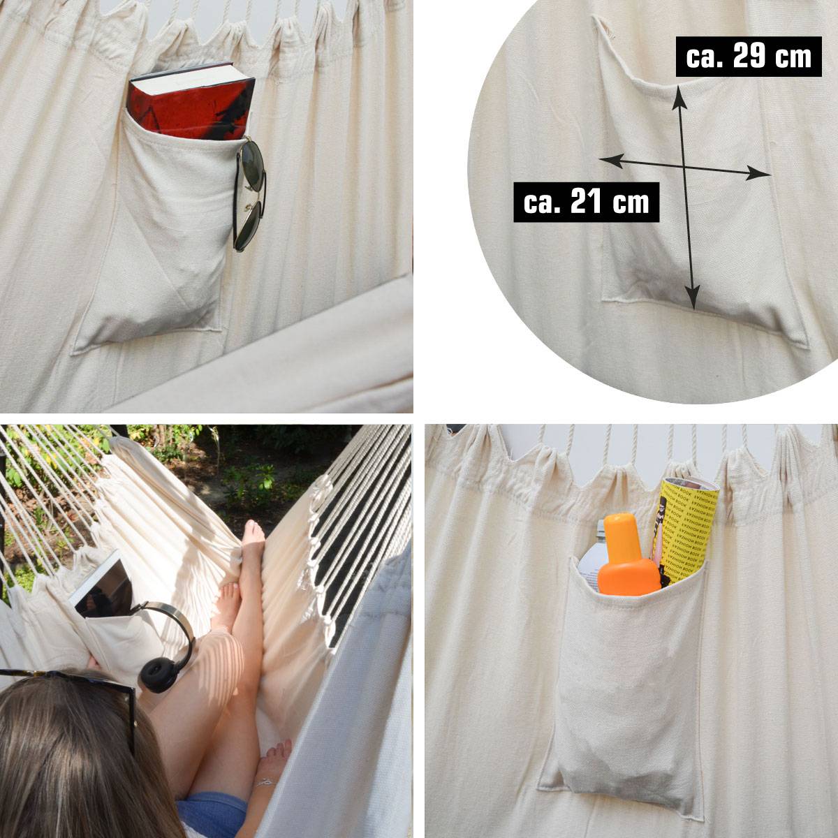 XXL Liege Hängesessel mit Seitenfach und Kissen - 220x120cm Outdoor Hängematte