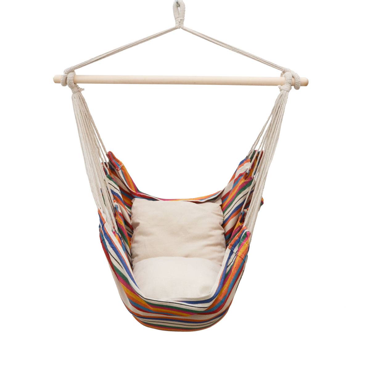 Hängestuhl mit 2 Kissen zum Wenden Balkon Hängesessel Bunt Gestreift Outdoor