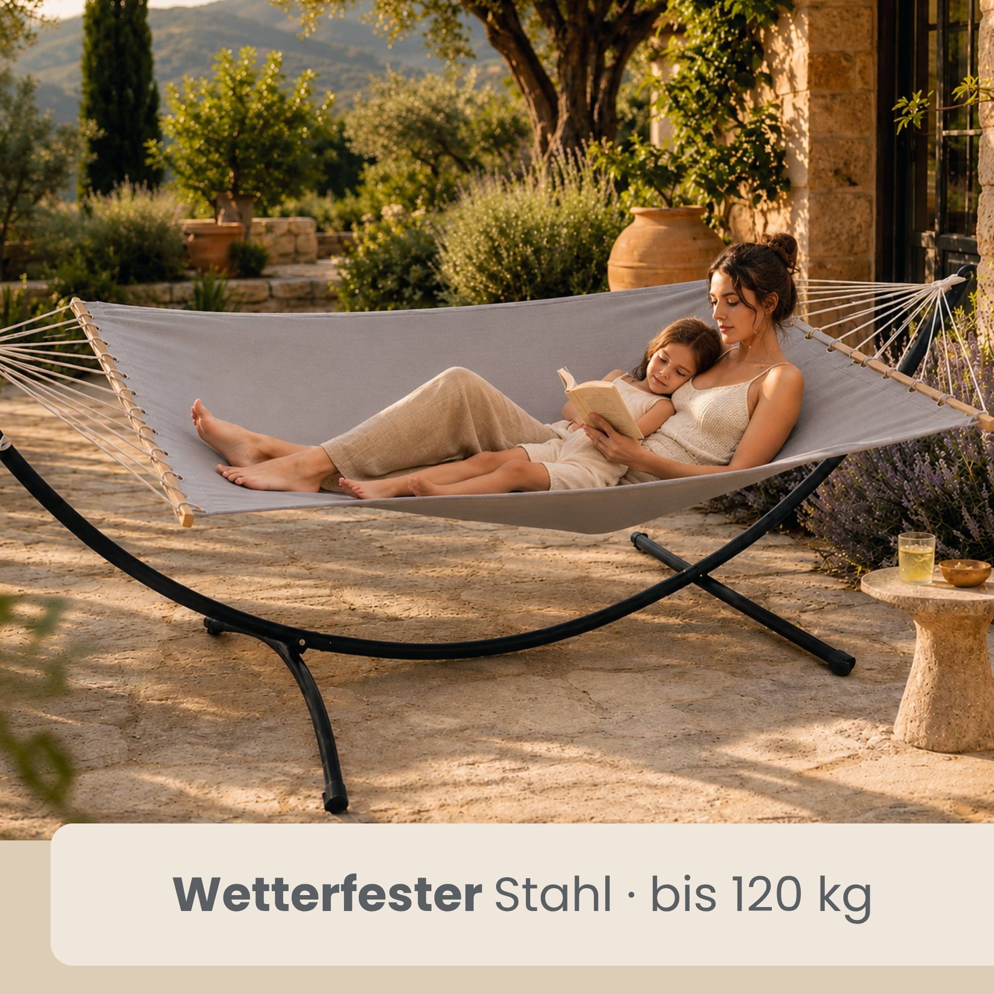 Doppel Hängematte mit Gestell 200x120cm Hängeliege Hängemattengestell grau