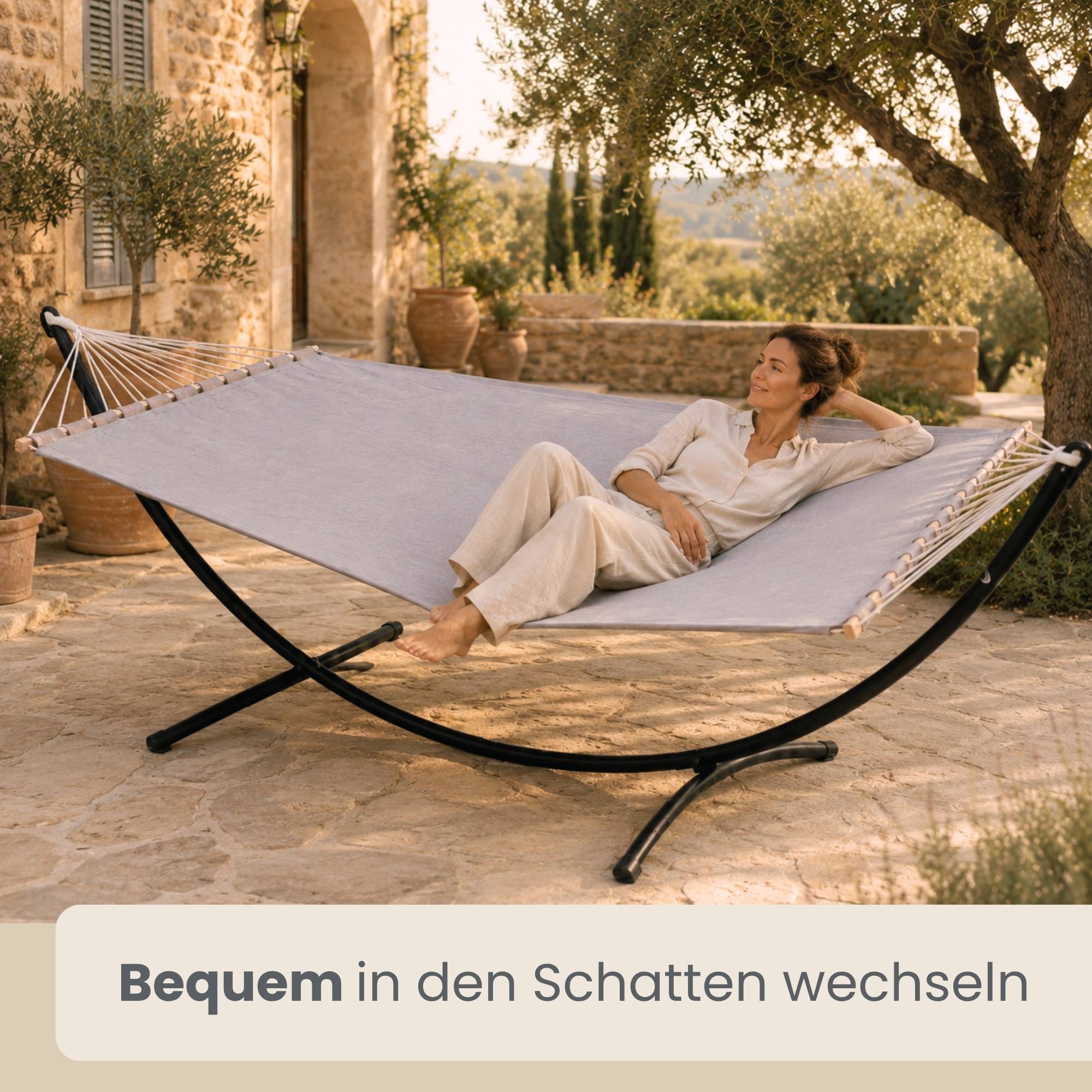 Doppel Hängematte mit Gestell 200x120cm Hängeliege Hängemattengestell grau
