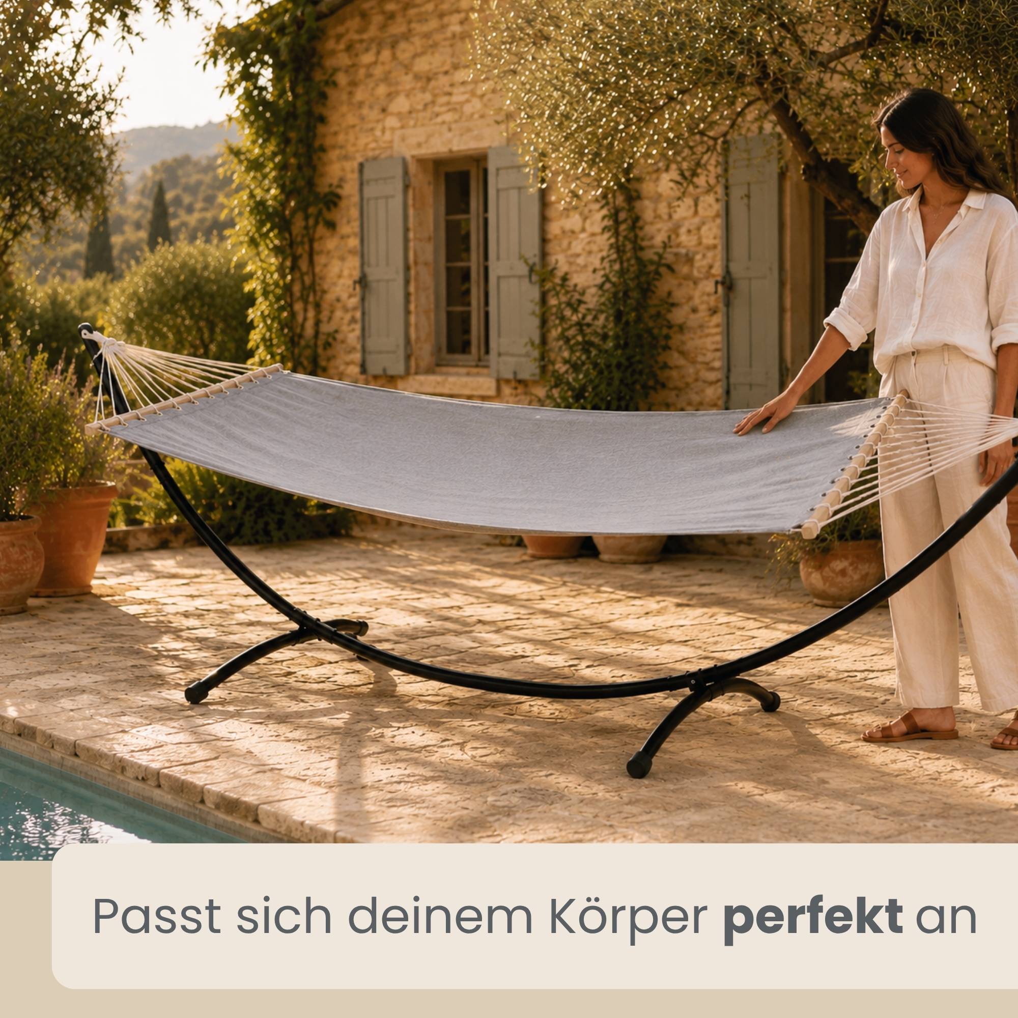 Doppel Hängematte mit Gestell 200x120cm Hängeliege Hängemattengestell grau