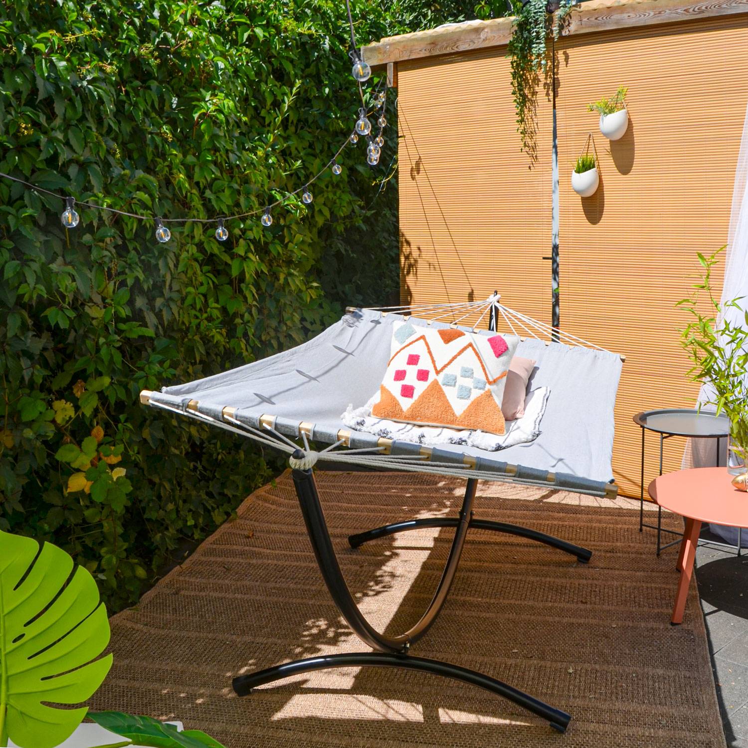 Doppel Hängematte mit Gestell 200x120cm Hängeliege Hängemattengestell grau