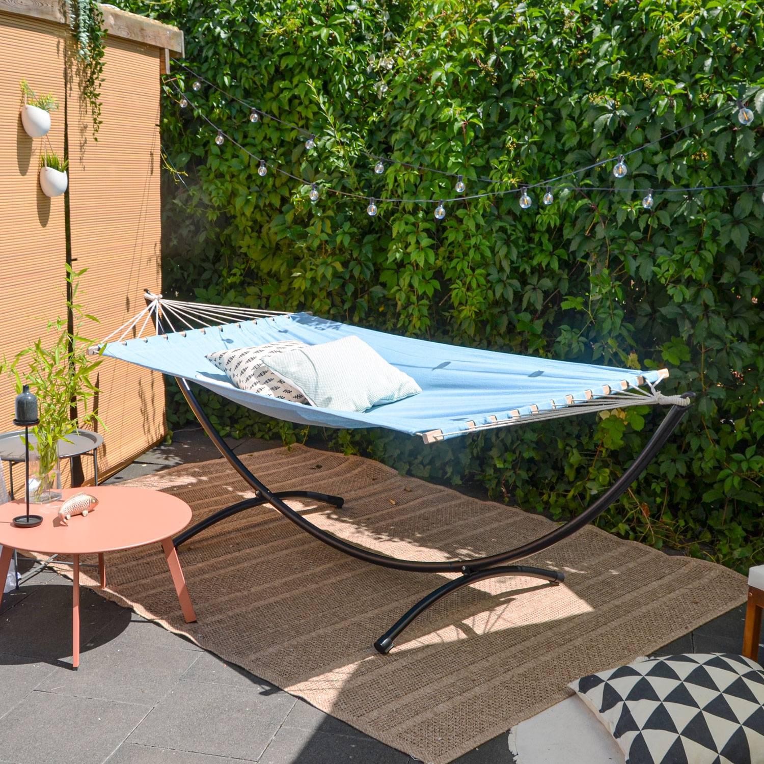 Doppel Hängematte mit Gestell 200x120 cm Garten Hängeliege Outdoor Metall blau