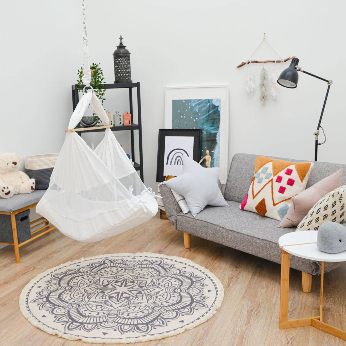 Baby Federwiege mit 100cm Kette - Schwerlast Deckenhaken - Hängematte mit Feder