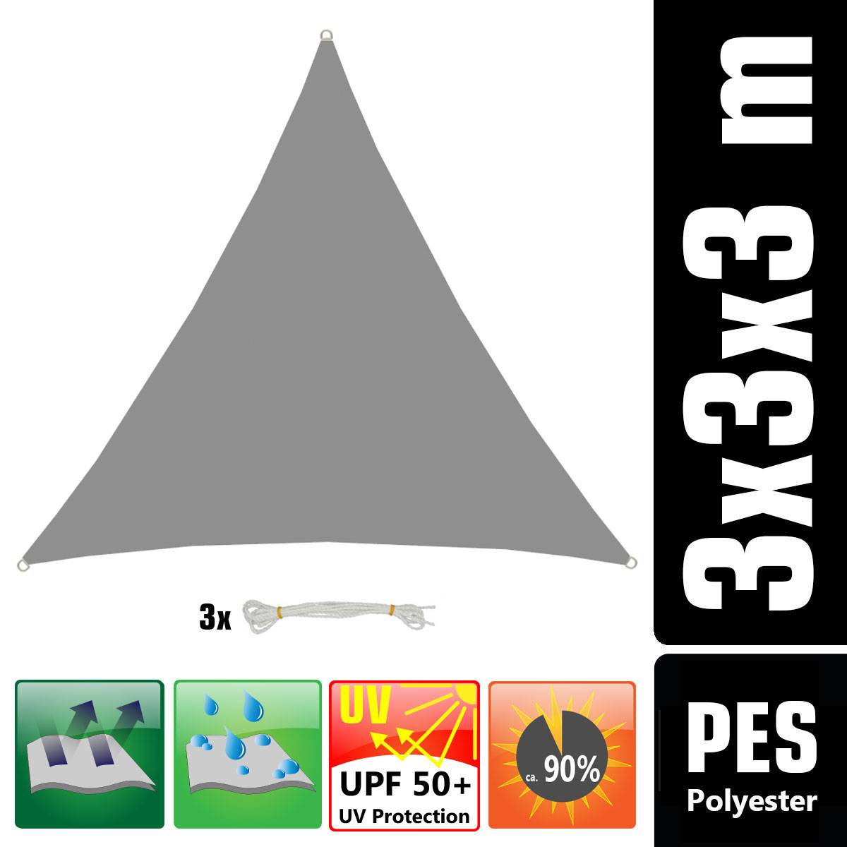 3x3x3 Sonnensegel Dreieckig Wasserdicht - Sonnenschutz Segel Set mit Befestigung