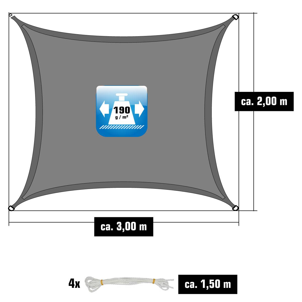 2x3m Sonnensegel Rechteckig Wasserdicht - Sonnenschutz Segel Set mit Befestigung