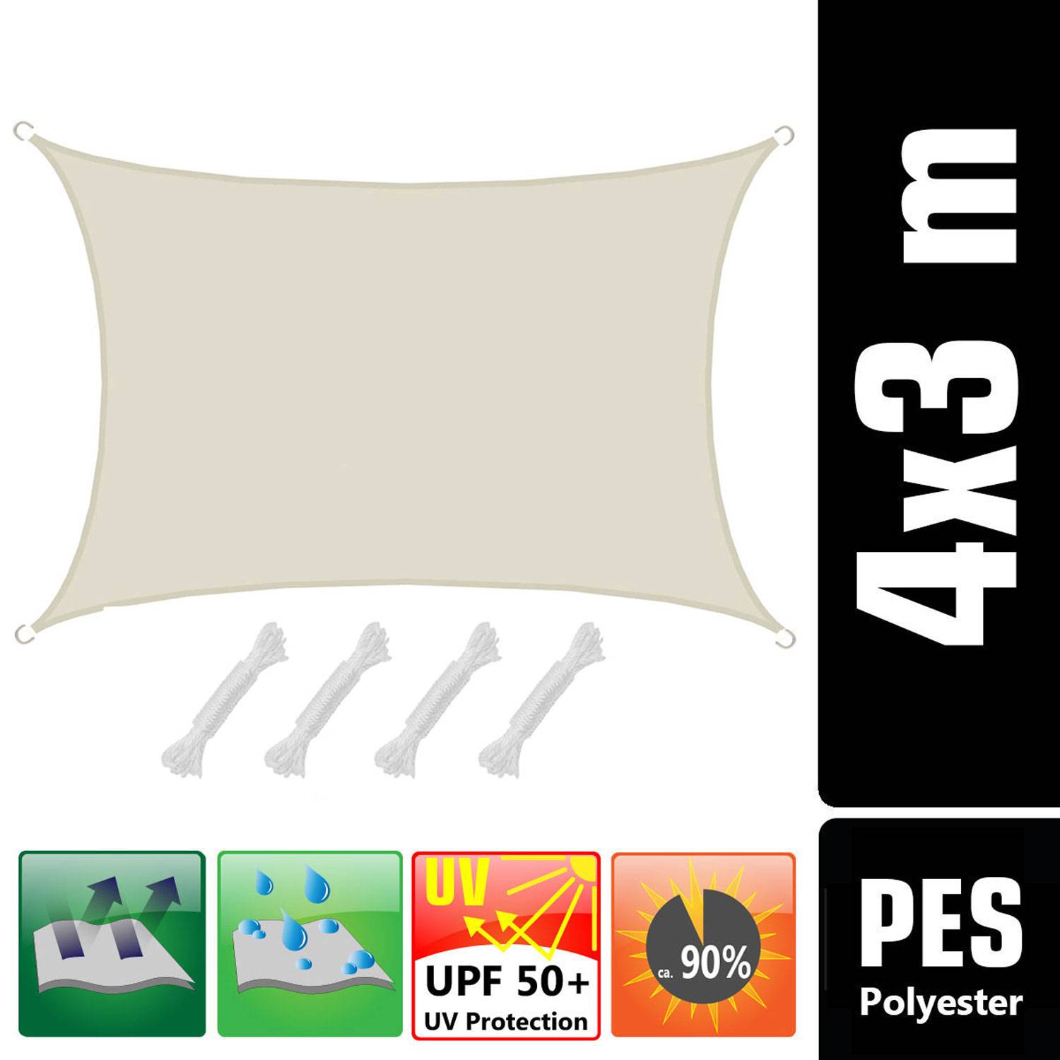 UPF50+ UV Sonnensegel 3x4 Polyester Rechteck Wasserabweisend Garten Balkon Beige