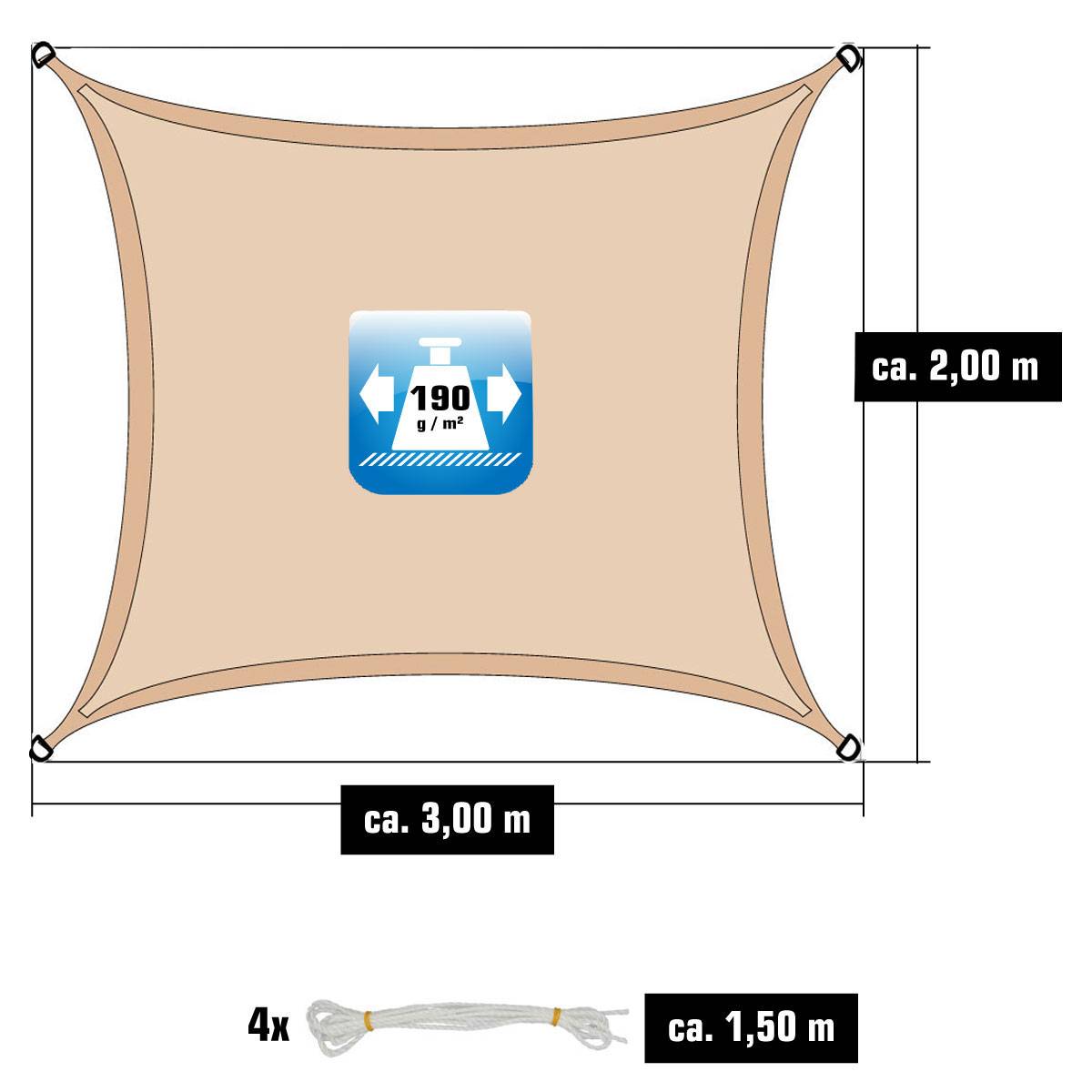 2x3m Sonnensegel Rechteckig Wasserdicht - Sonnenschutz Segel Set mit Befestigung