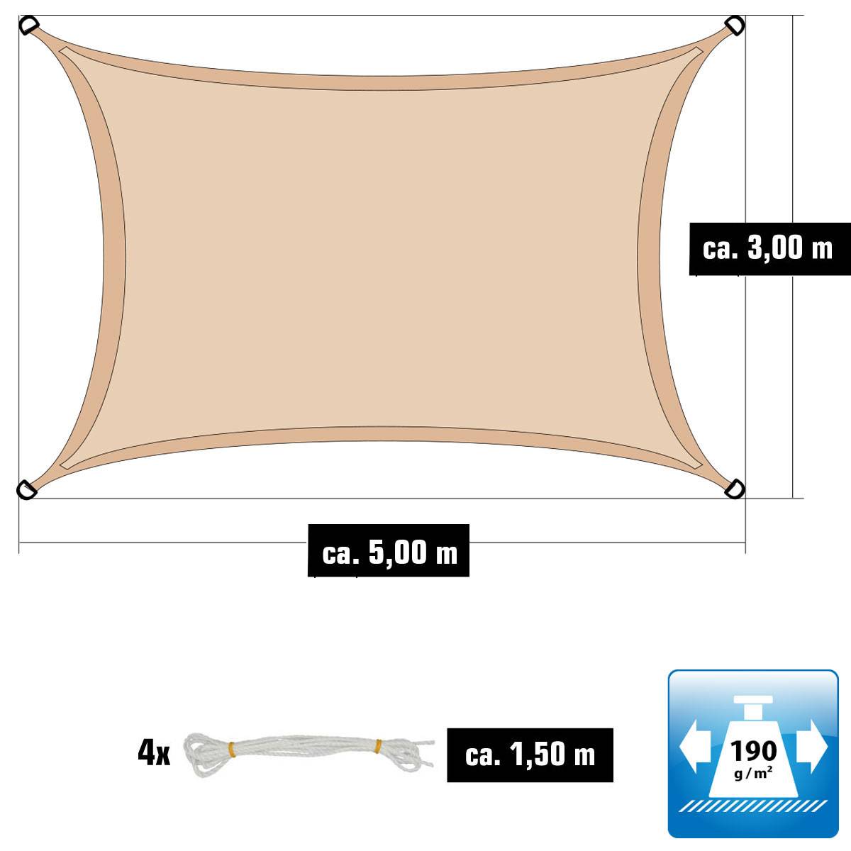 3x5m Sonnensegel Rechteckig Wasserdicht - Sonnenschutz Segel Set mit Befestigung