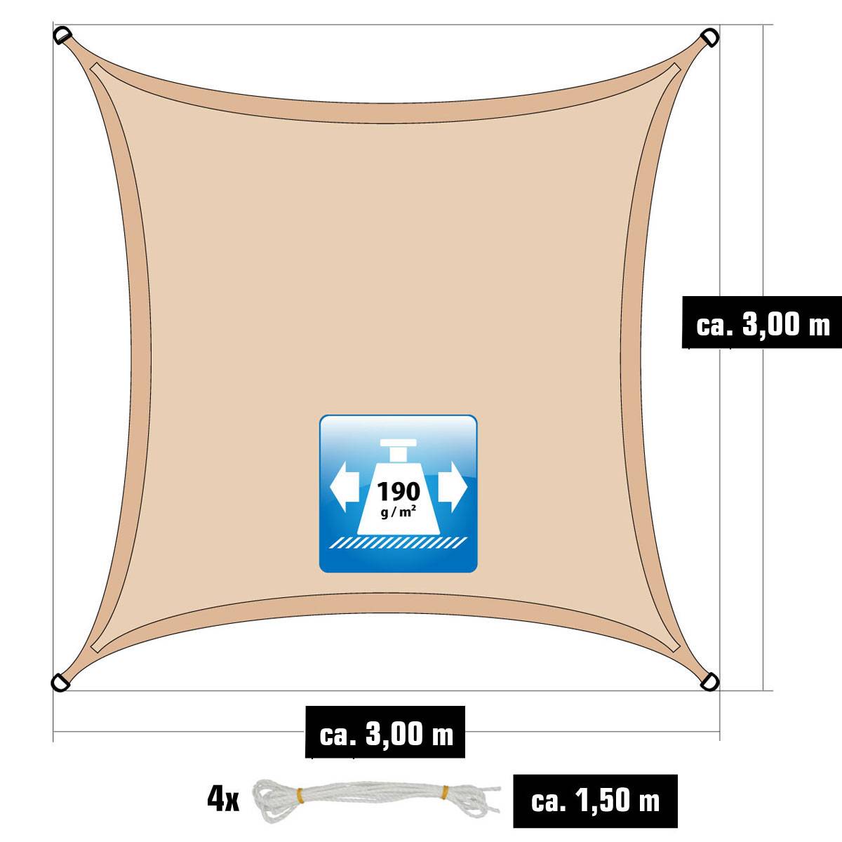3x3m Sonnensegel Viereckig Wasserdicht - Sonnenschutz Segel Set mit Befestigung
